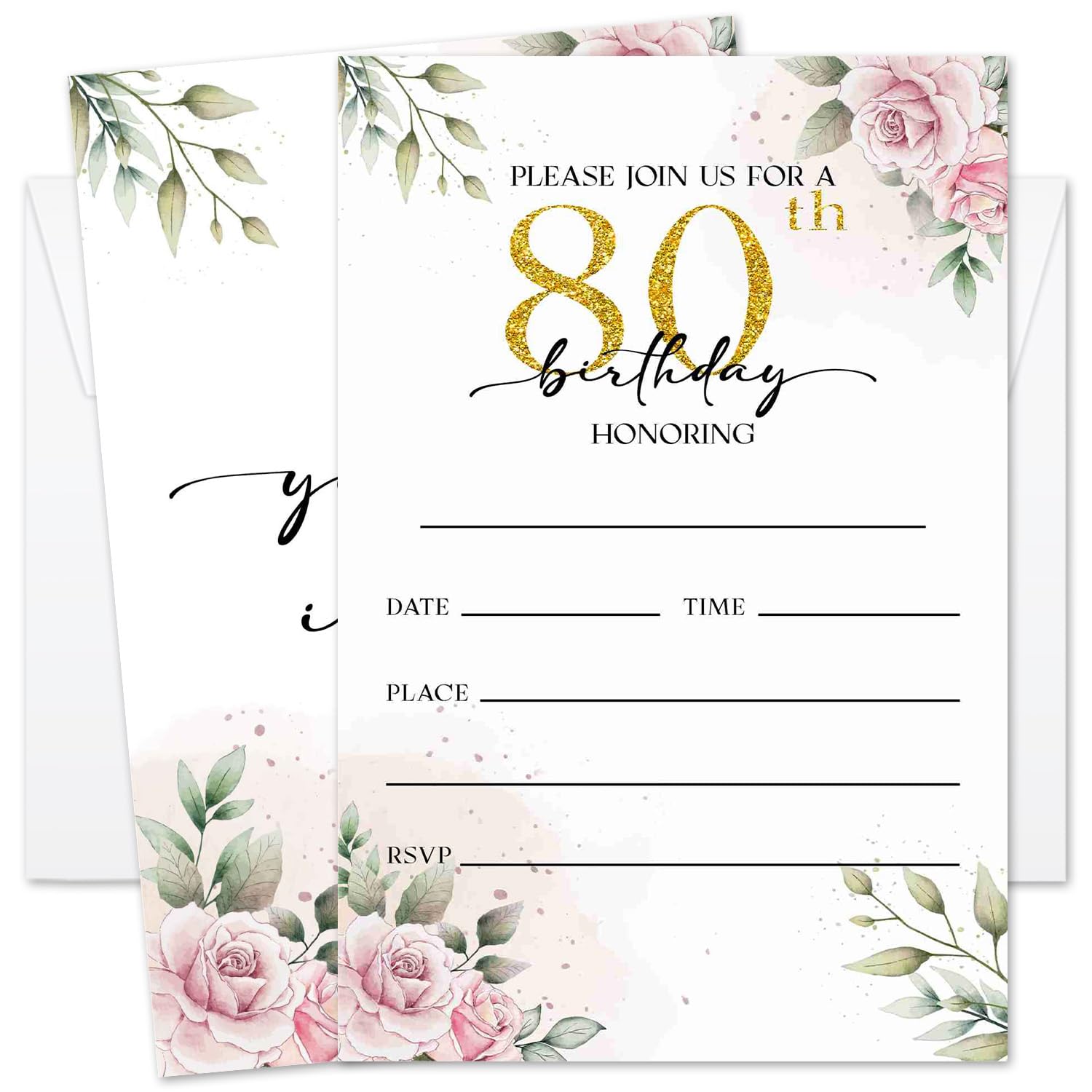 GOODBANER 80th Rose Birthday Invitation for Women, Birthday Invitation With Envelopes, 80 Years Old Birth Invites for Adult, 20 Pcs Birth Invite Cards