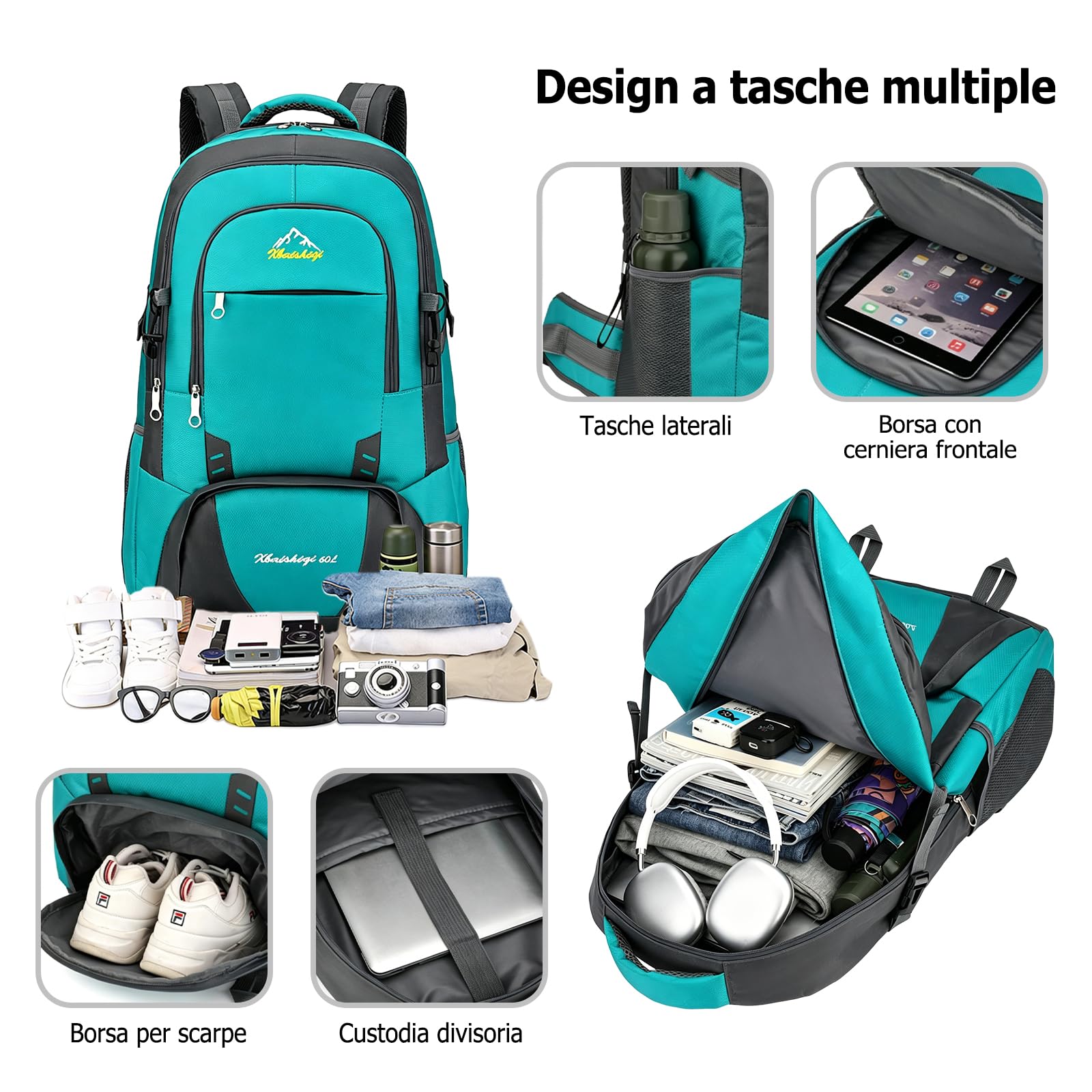 Zaino Escursionismo 60L Grande Zaino Campeggio con Sistema Dorsale Traspirante Zaini da Viaggio Outdoor Resistente All'acqua per Donna Uomo Arrampicata Sport Blu Scuro