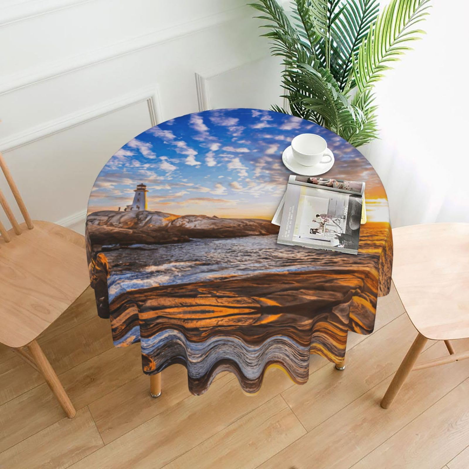 Zcmkjlg Ocean Wave Sunset Print Quick Ship Round Tablecloth 60in Polyester Washable Cover for Dining Room