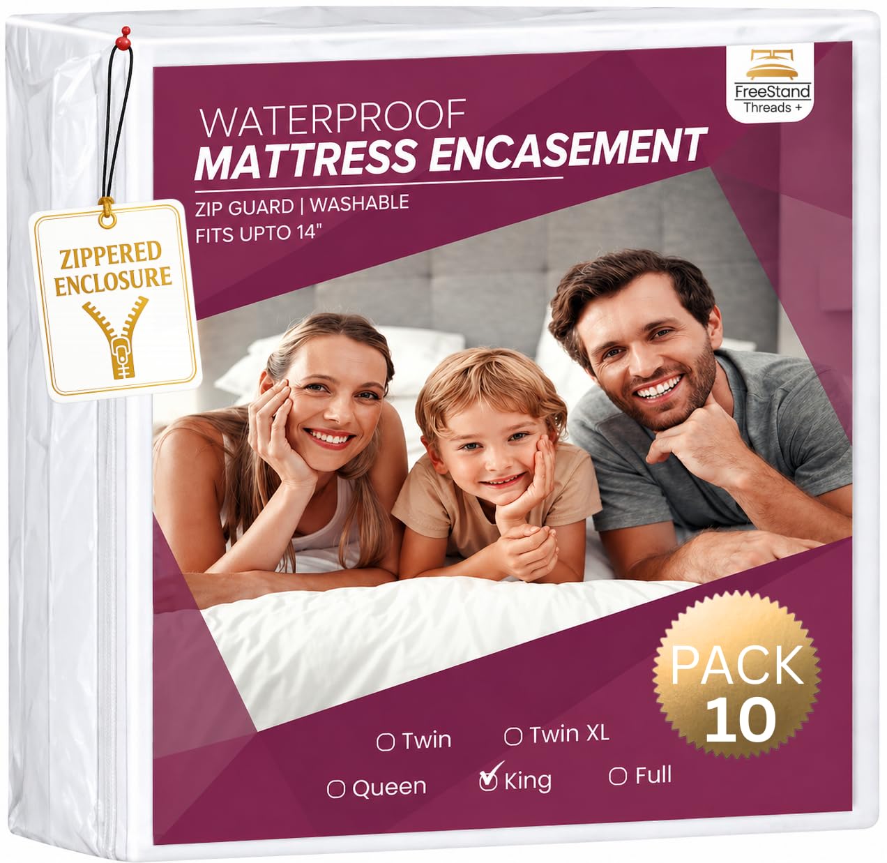 Threads+ 10 Pack King Mattress Encasement, 78"x80", Waterproof & Breathable, 110 GSM Soft Jersey Knit with TPU Layer, Zippered 6-Sided Bed Cover, Dust