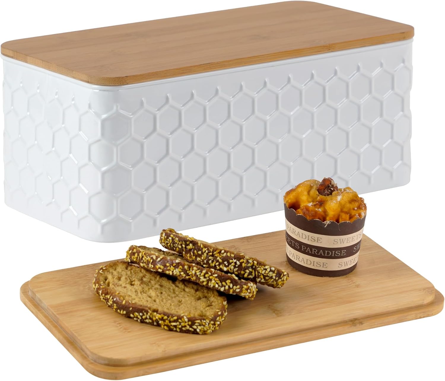 Large Bread Box for Kitchen Countertop Corner Breadbox for Homemade Bread Metal White Vertical Stripe Pattern Embossed Bread Storage Container Bin with Bamboo Lid