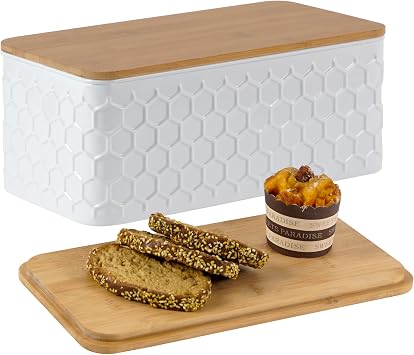 Large White Honeycomb Embossed Bread Box with Bamboo Lid