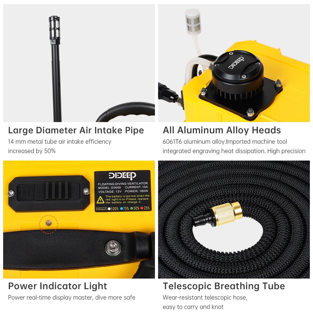 DIDEEP Ventilatore subacqueo, 5,5 ore di respirazione subacquea, serbatoio portatile ricaricabile per immersioni subacquee, compressore d'aria impermeabile, per immersioni ricreative e pesca