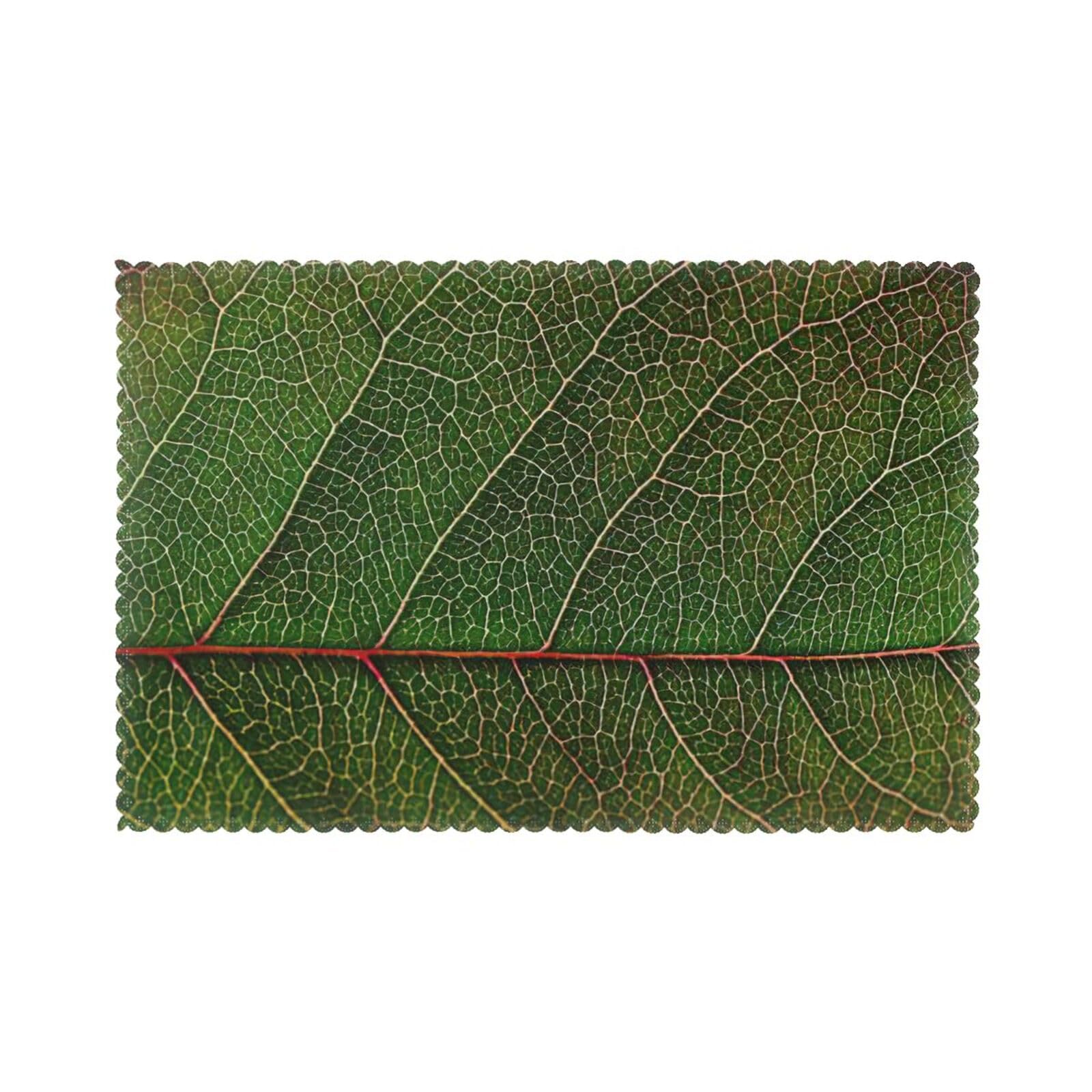 Green Leaf Texture Veins Print Placemats Set Of 6, 12x18 Inch Polyester Washable Heat Resistant Kitchen Dining Table Mats