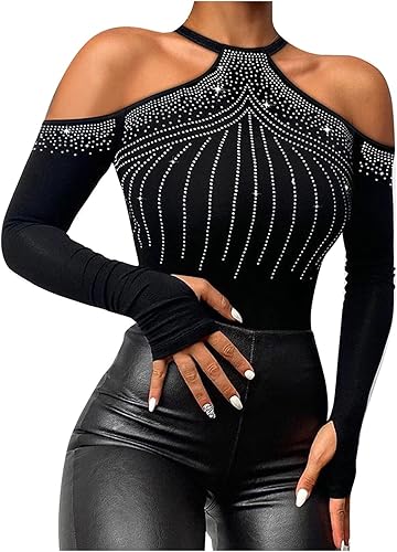 Miniatura 1 de Camisetas de manga larga con hombros descubiertos y espalda abierta tirantes delgados tirantes delgados para salir