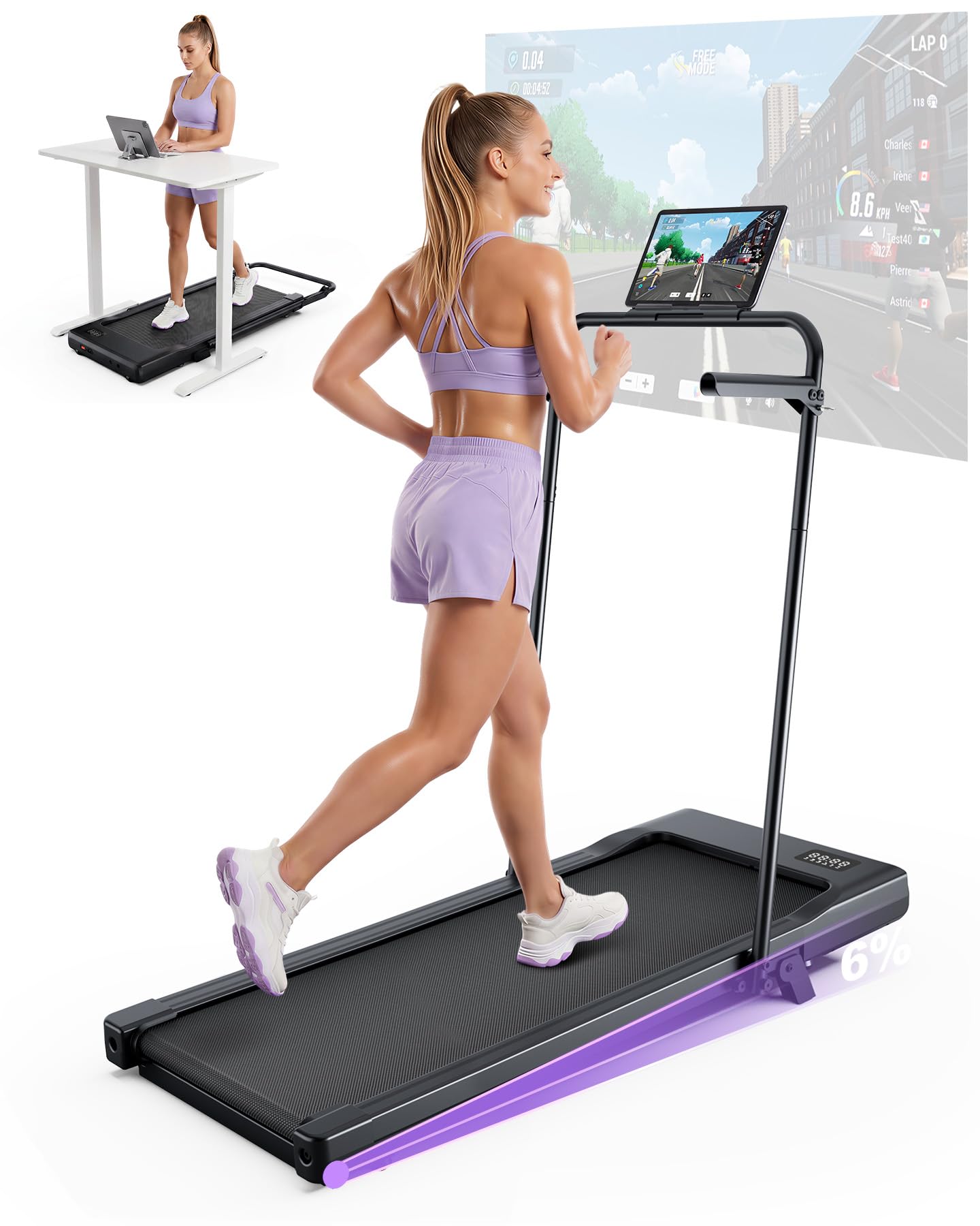 MJWW Walking Pad Treadmill with 6% Incline, Foldable Under Desk Treadmills