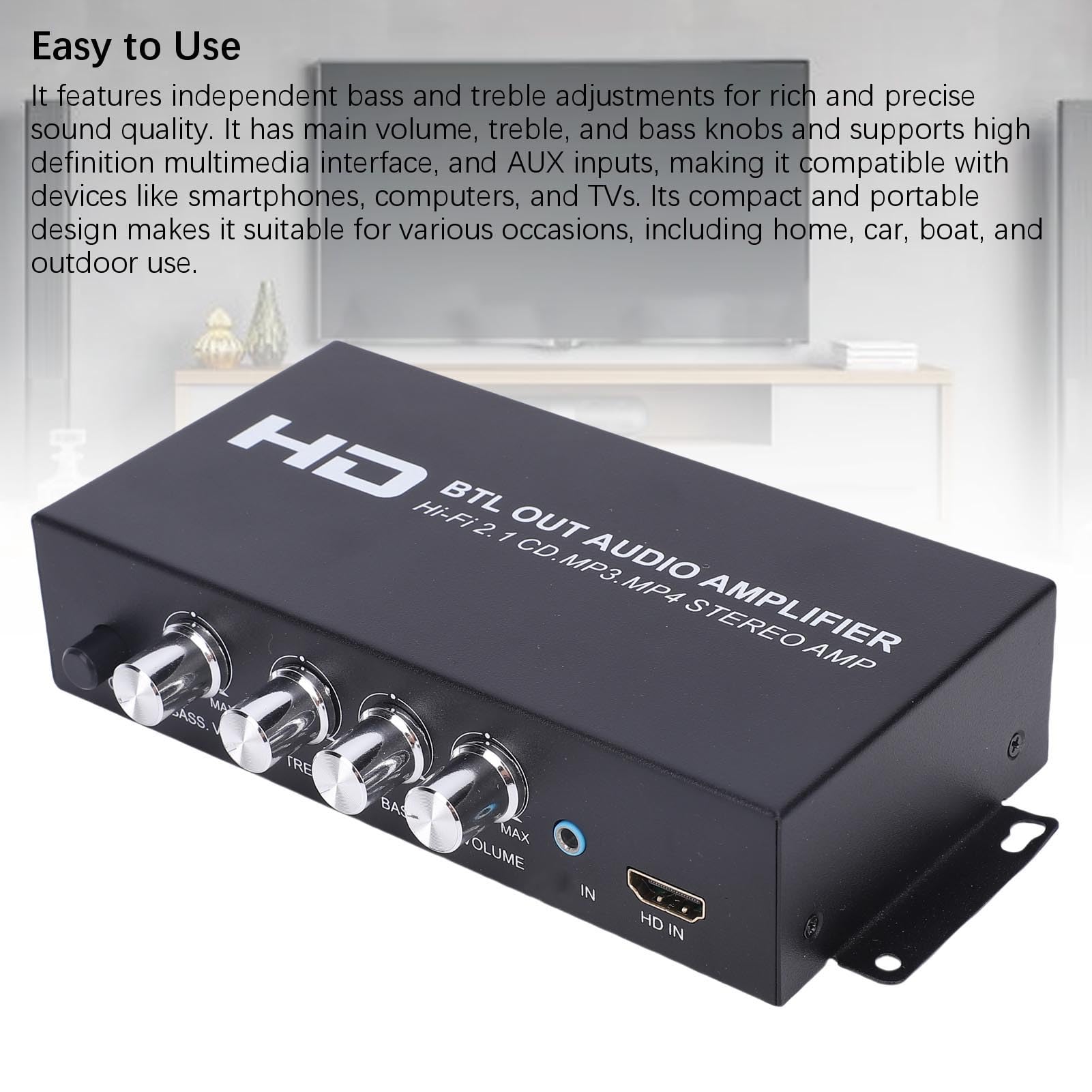 Tonysa Wzmacniacz Mocy Stereo, Odbiornik Dźwięku HiFi Bluetooth 5.0 2.1-kanałowy z niezależną kontrolą Tonów Niskich i Wysokich, do Kina Domowego, Samochodu, łodzi, na Zewnątrz (wtyczka UE)