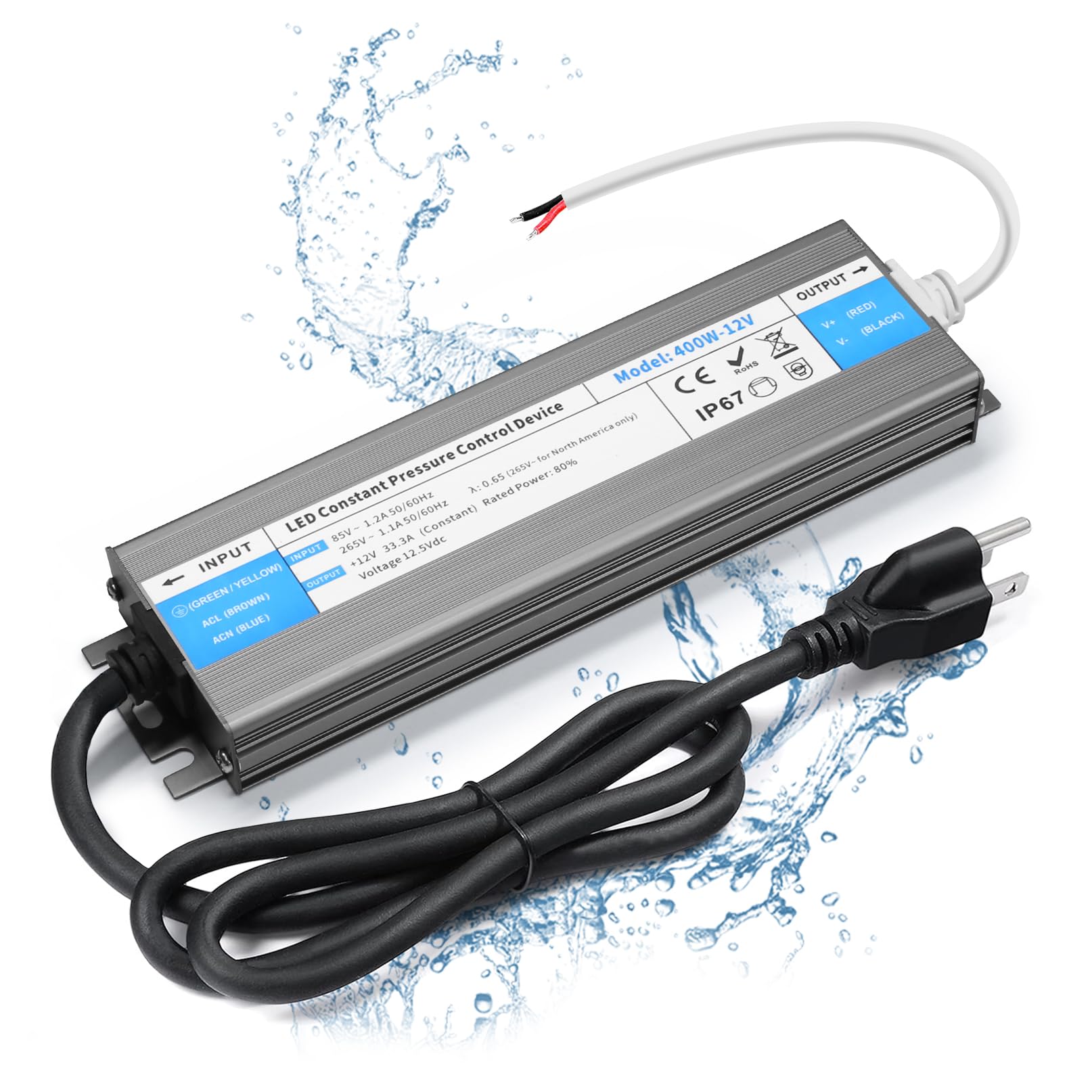 VOEWT LED Driver 400 Watts Waterproof IP67 Power Supply 85V-265V AC to 12V DC Converter,Quiet and Small LED Transformer Low Voltage Output with 3-