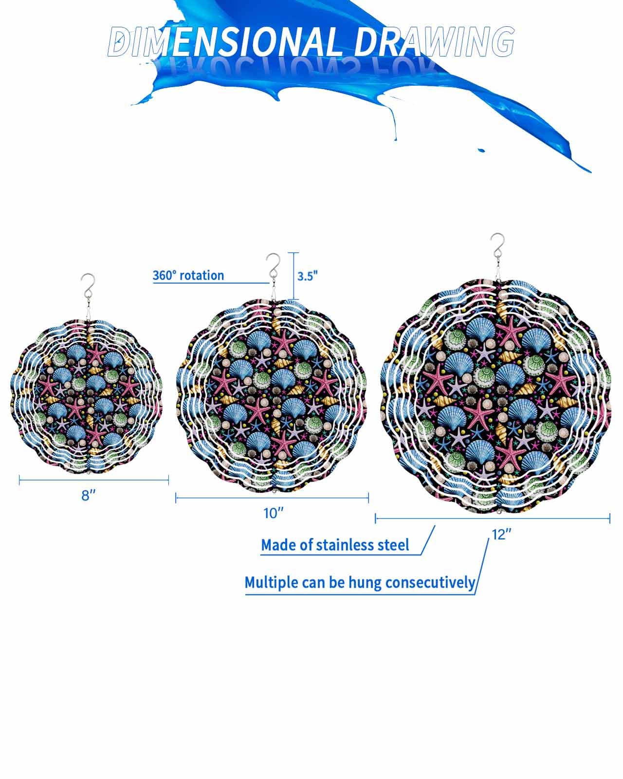 Ocean Wind Spinners, Sea Shell Conch Starfish Black Hanging Wind Spinners for Yard and Garden 3D Stainless Steel Metal Sculptures Crafts Ornaments 12 Inch