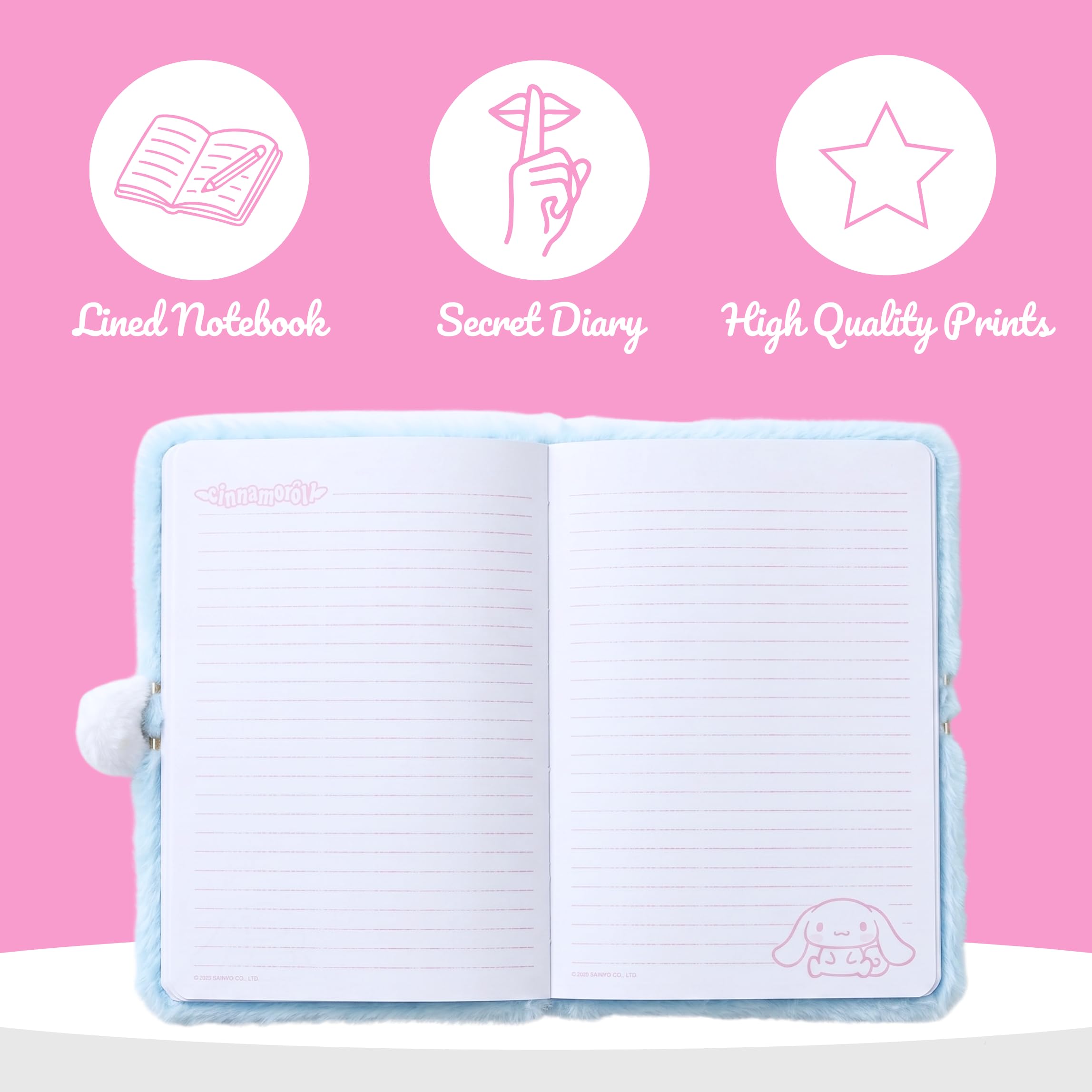 Hello Kitty Cinnamoroll Juego de Papelería para Niñas, Incluye Cuaderno Peluche 3D, Regla, Sacapuntas, Borrador, Libreta y Lapiz, Regalo para Niñas