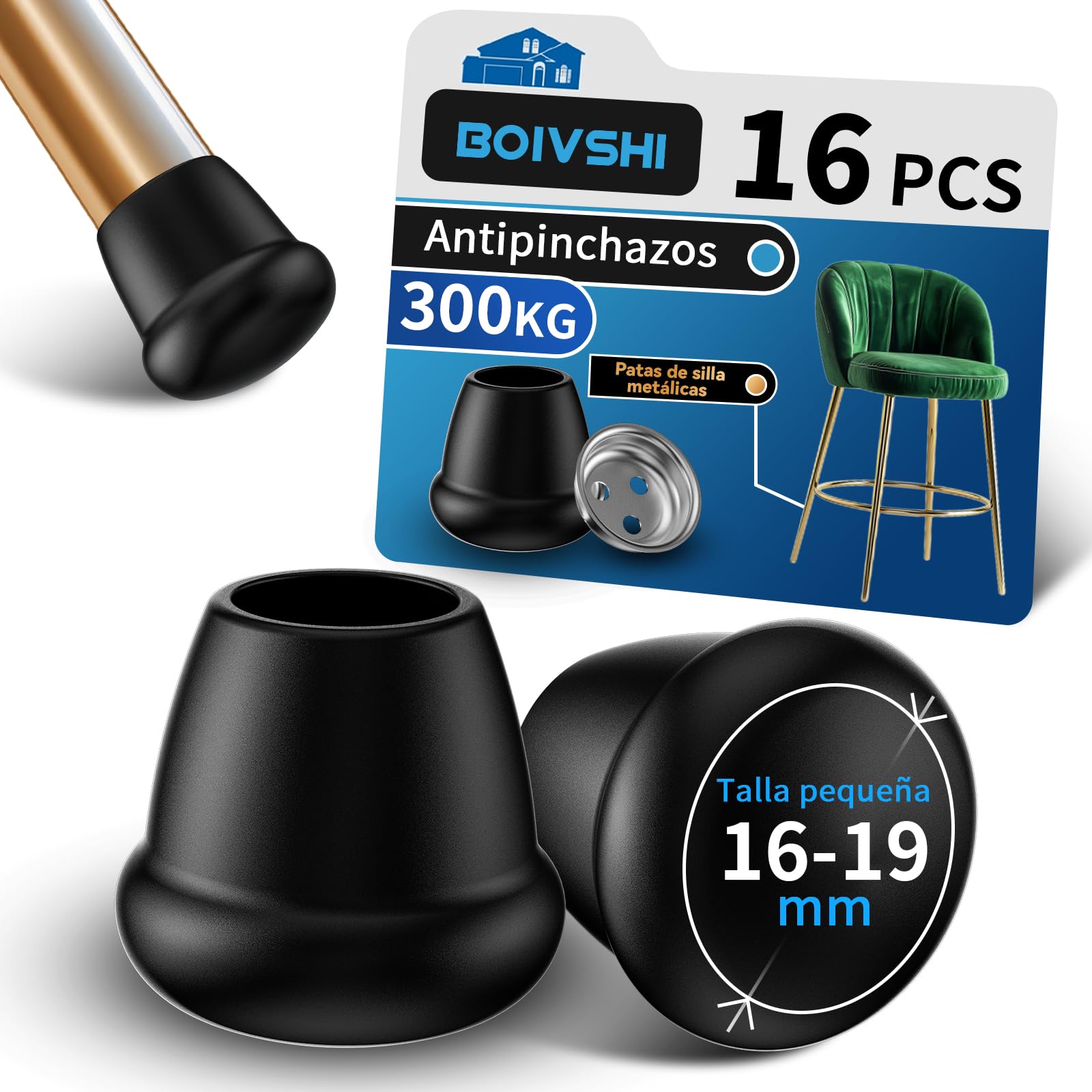 Ø16mm - 19mm Tapones Topes Patas Sillas Redondos[16 Piezas Negro Pequeño] - Muebles Patas Mesas Silla - Tapones de Goma - Tacos Sillas Patas Redondas