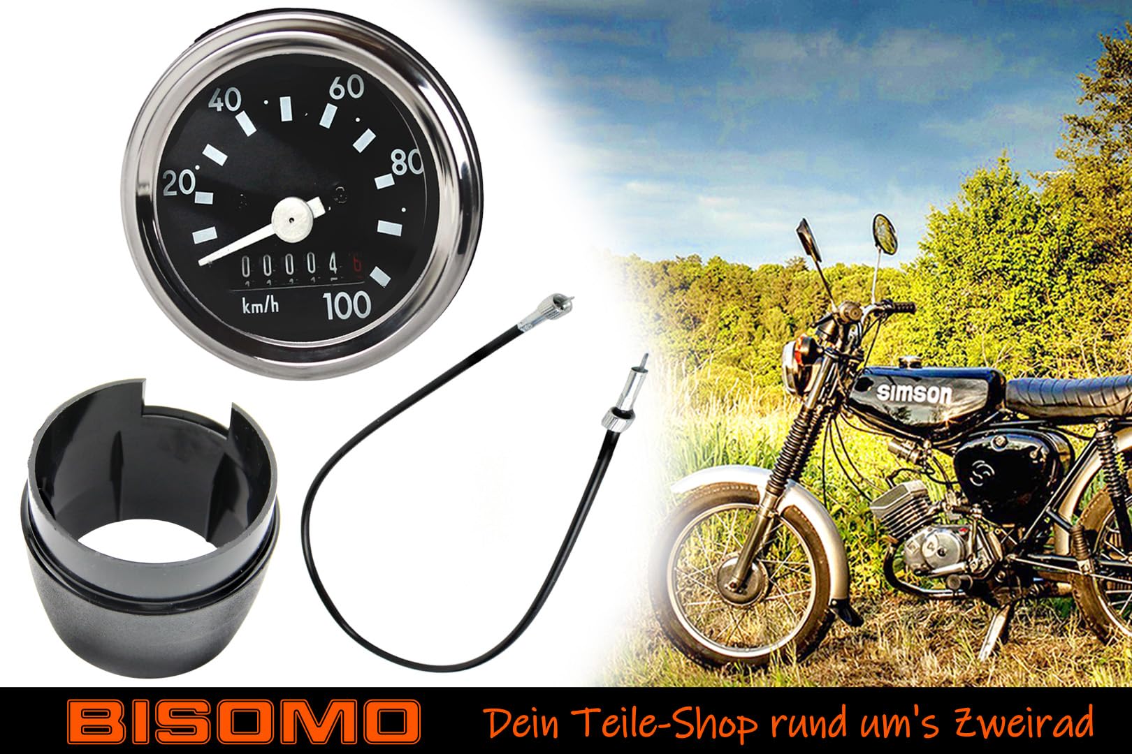 Tacho Set 100km/h Ø 60mm Chromring Blinkkontrolle Tachowelle 800mm Tachohülle für Simson S50 S51 S53 S70 S83