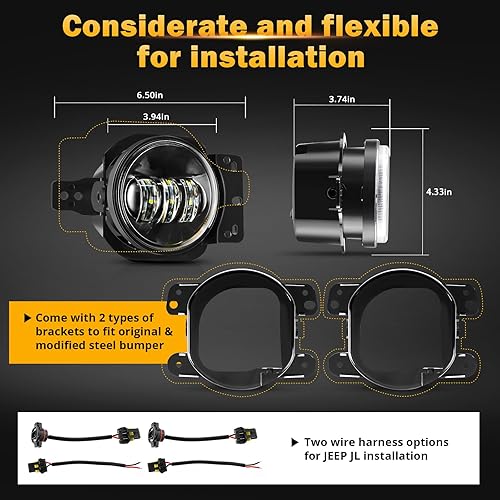 Miniatura 8 de Auxbeam Luces antiniebla LED de 4 pulgadas para Jeep Wrangler JL JLU Sport Sahara Rubicon MOAB 2018-2023, 30 W, chip LED redondo para parachoques