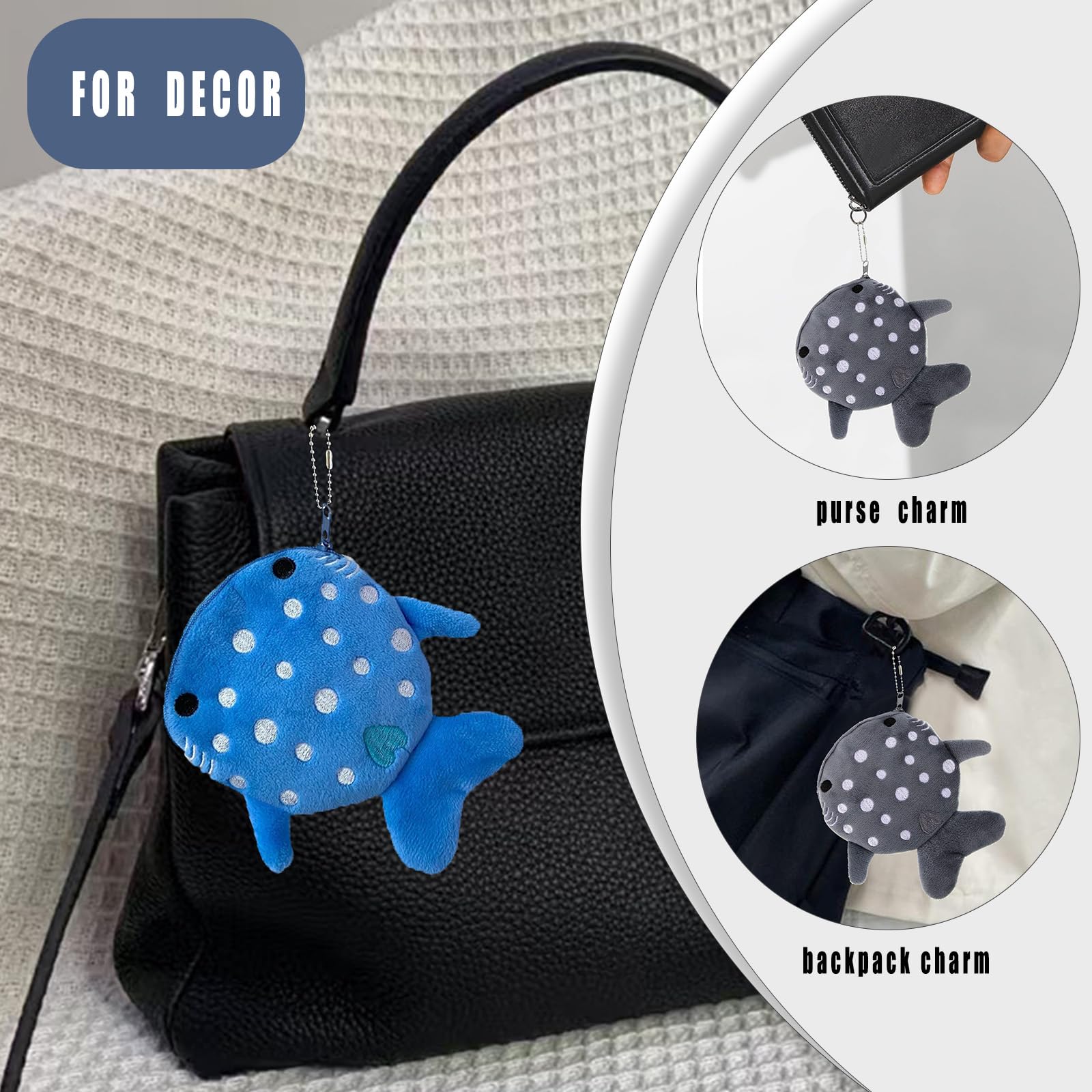 Whale Shark Coin Purse Keychain,Cute Plush Change Purse with Zipper Keychain,Kawaii Handmade Coin Pouches for Women: Blue+gray