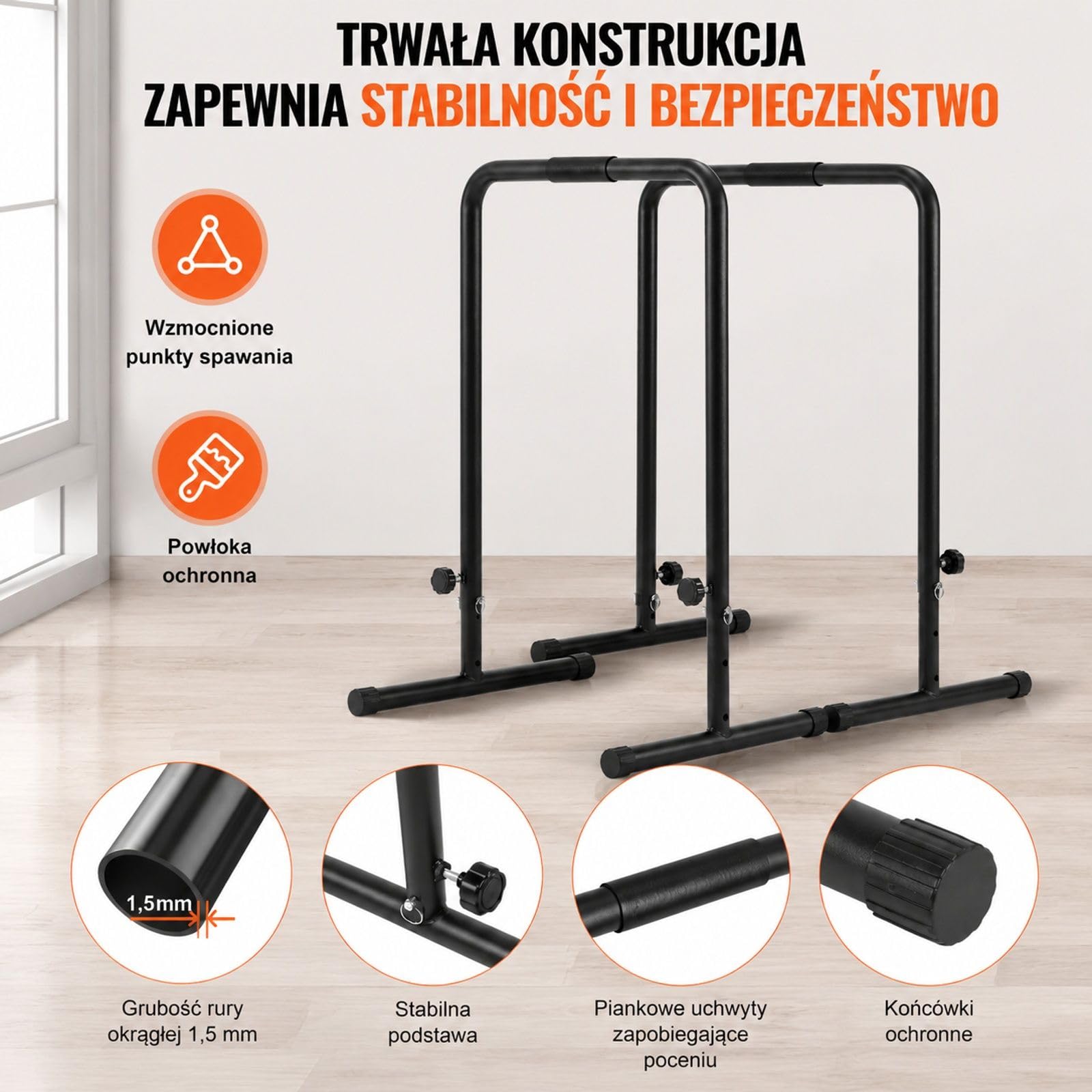 Stacja do dipów z regulowaną wysokością, poręcze równoległe, stojak do pompek i treningu siłowego w domowej siłowni