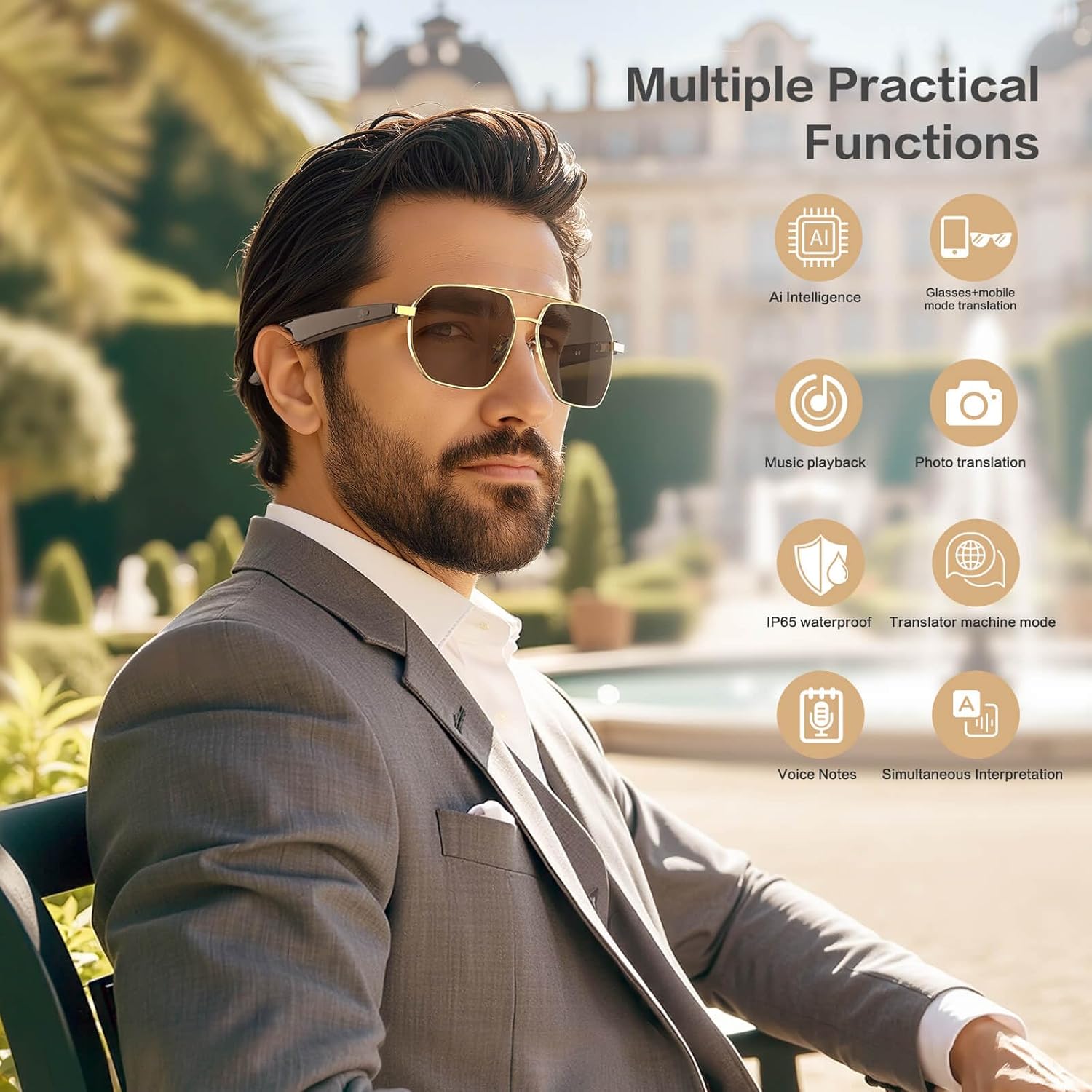 AI Smart Glasses with Chat GPT, AI Translation Glasses with 164 Language, Classic Aviator Sunglasses with Voice Assistant/AI Calling, IP65 Waterproof, Multifunctional Smart Glasses for Men Women