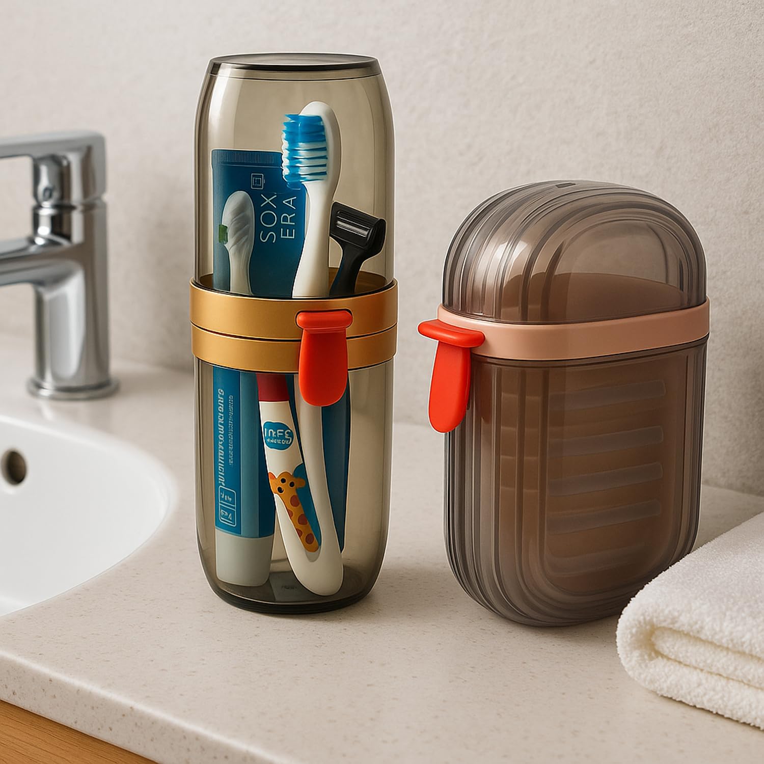 JIALTO Jabonera de viaje 2 en 1 y estuche para cepillo de dientes, impermeable, portátil y a prueba de fugas para baño, camping, al aire libre (marrón)
