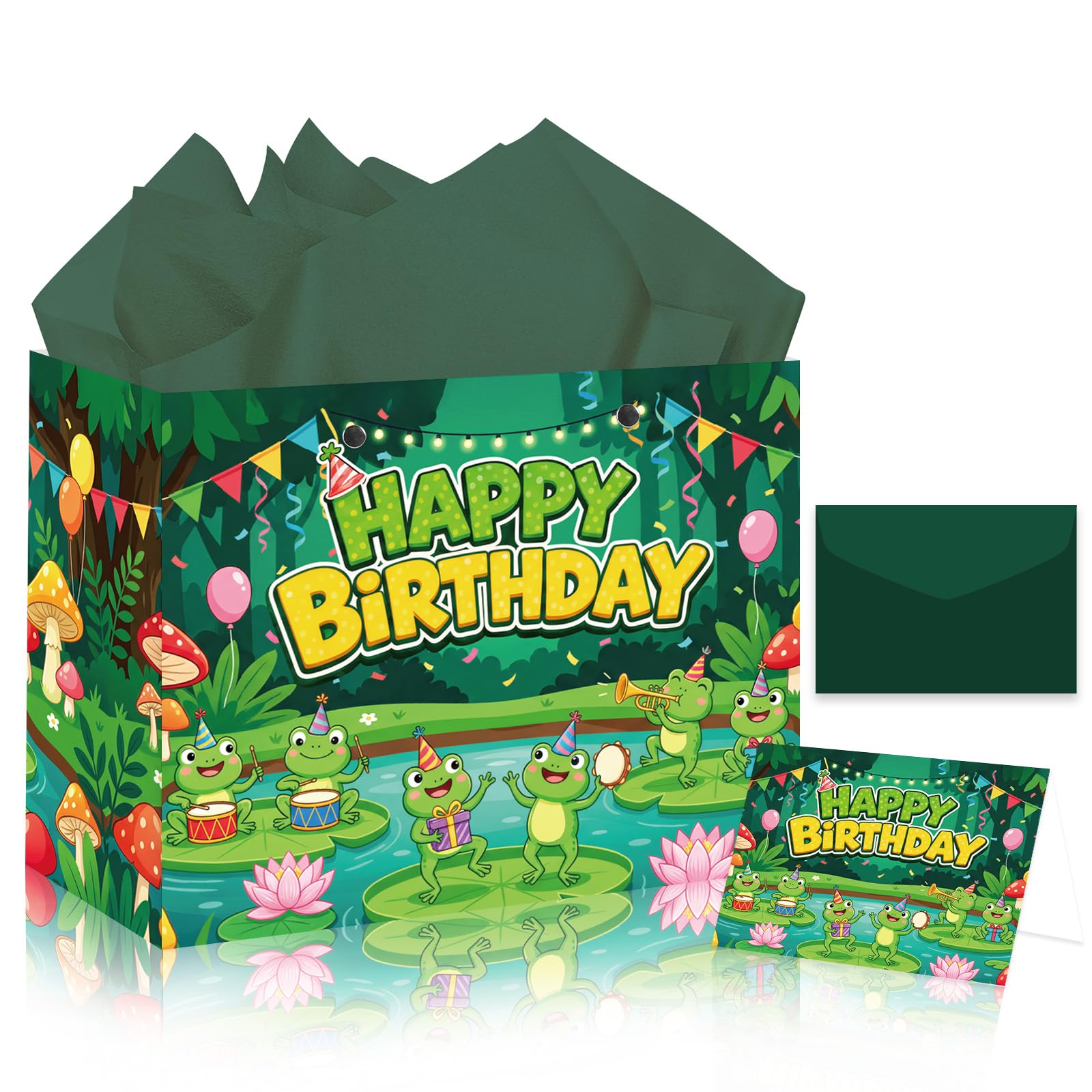Frog Birthday Decorations Gift Bag - Large Frog Bag with Tissue Papers Card
