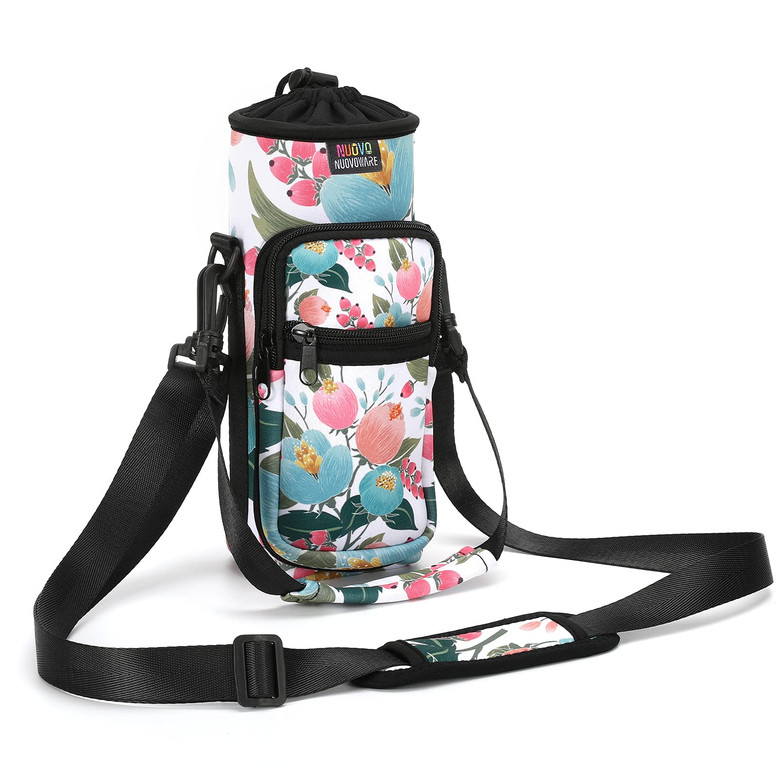 Nuovoware Water Bottle Carrier Bag, 750ml Bottle Pouch Holder, Adjustable Shoulder Hand Strap 2 Pocket Sling Neoprene Sleeve Sports Accessories for Hiking Travelling Camping, Rosebush Pink โ image 1