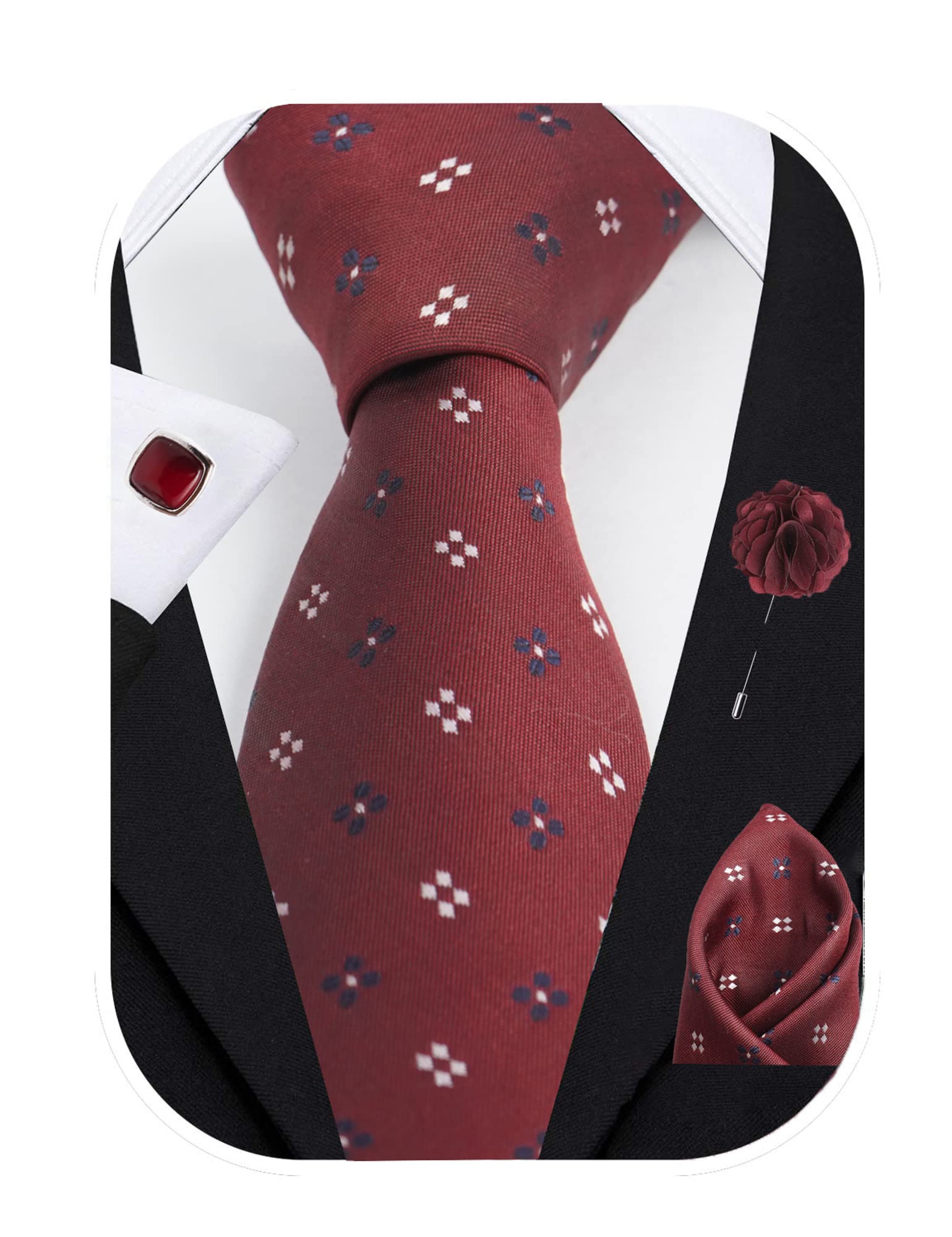 RIZORO Tie for Men – Dotted Silk Neck Ties Set with Cufflinks Flower Pin, Pocket Square & Black Gift Box, Combo Necktie Sets for Office Wear, Formal Suits & Weddings (Maroon, 4D3MRRX) 1