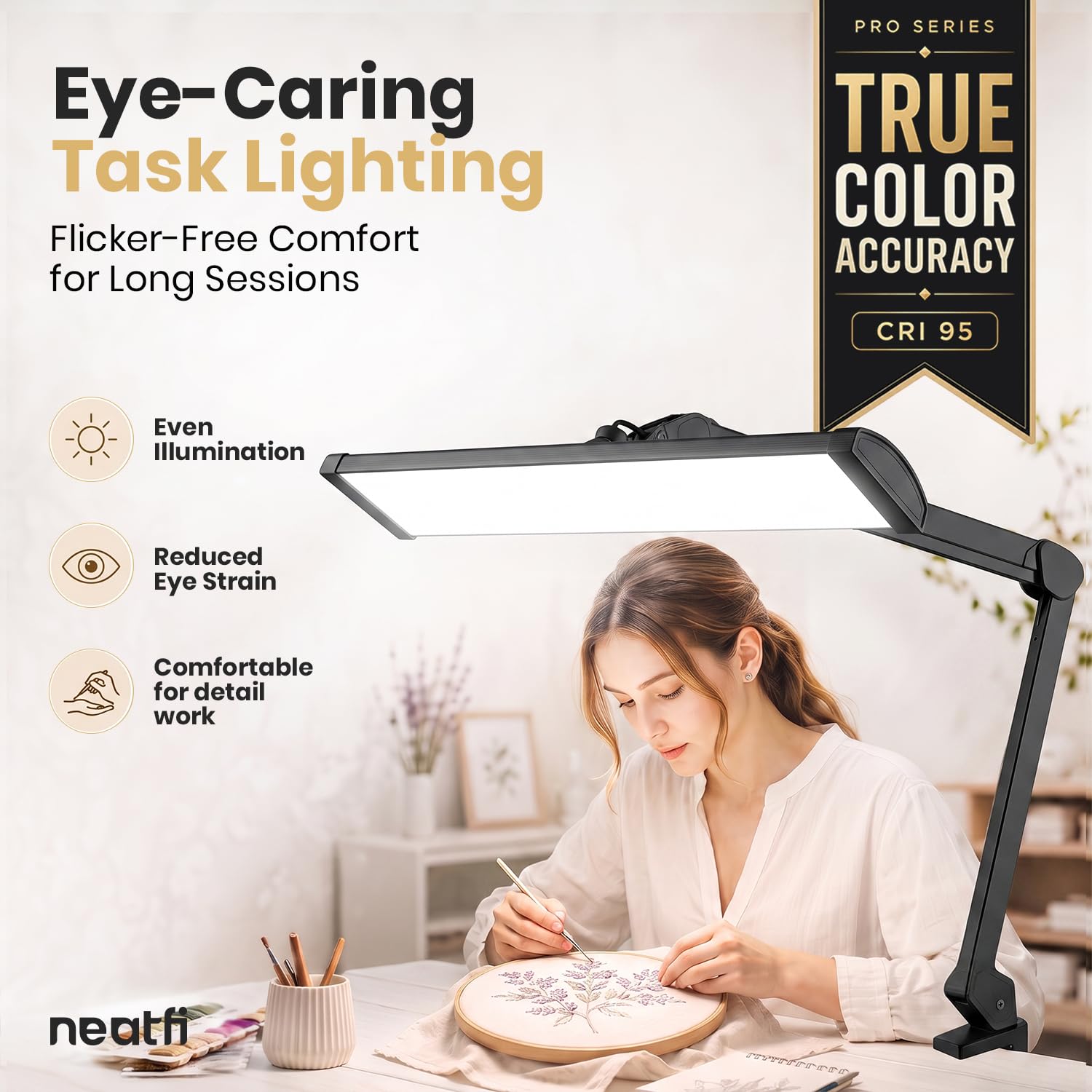 Neatfi Pro Series Ultra lampa robocza LED – Wierne odwzorowanie kolorów (CRI 95) | 3 500 lumenów, 45 W | 540 diod SMD LED | 5-stopniowa regulacja jasności (Czarny, Z CCT z zaciskiem)