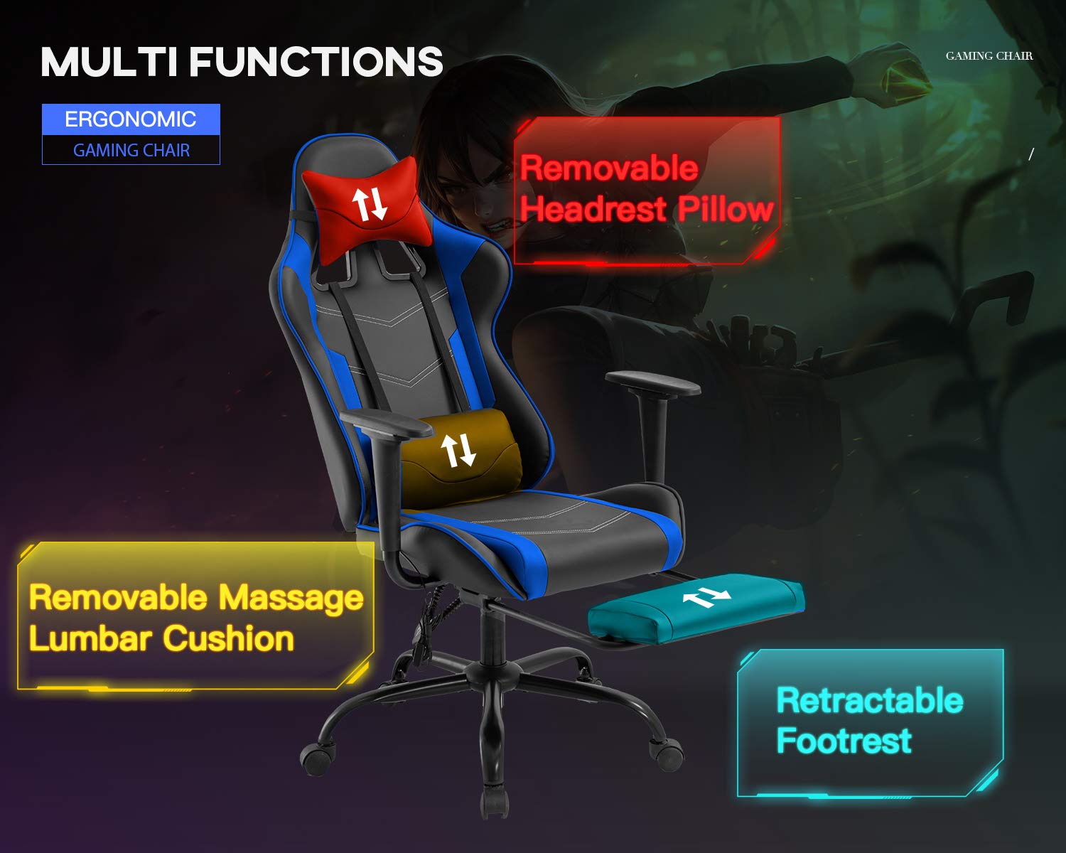 Fotel do gier komputerowych, ergonomiczne krzesło biurowe, fotel kierowniczy domu, regulowane wysokie oparcie, skóra PU, wyścigowe, obrotowe krzesło zadaniowe, podparcie lędźwiowe, podnóżek,