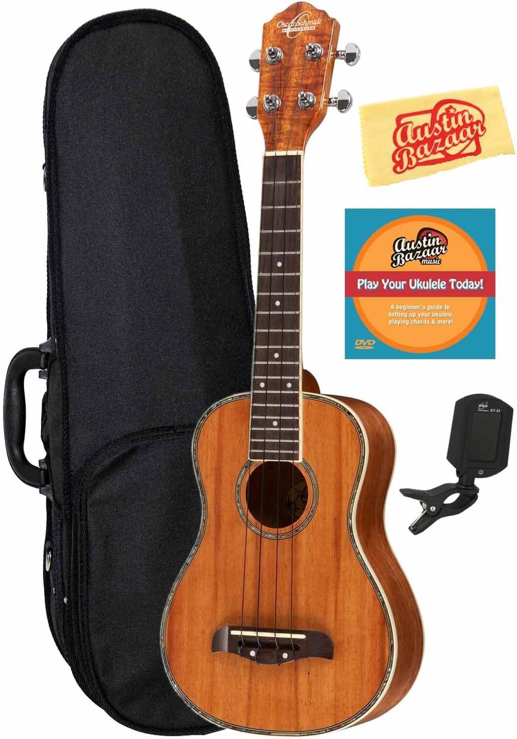 Oscar Schmidt OU5 Koa Concert Ukulele Bundle with Hard Case, Tuner, Austin Bazaar Instructional DVD, and Polishing Cloth