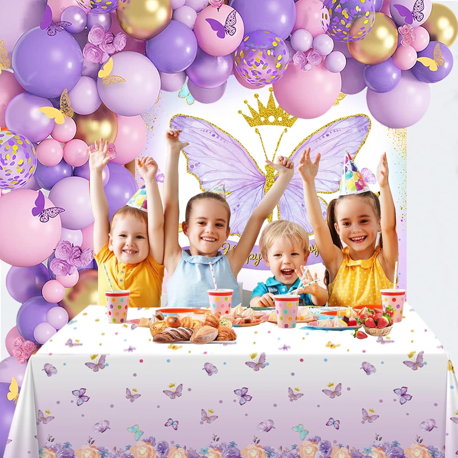 Feliz Cumpleaños Decoracion Decoración Cumpleaños Niña 9 Años Tema Mariposas - Globos Número, Banner, Confeti - Rosa Corona Cumpleaños 1 Año
