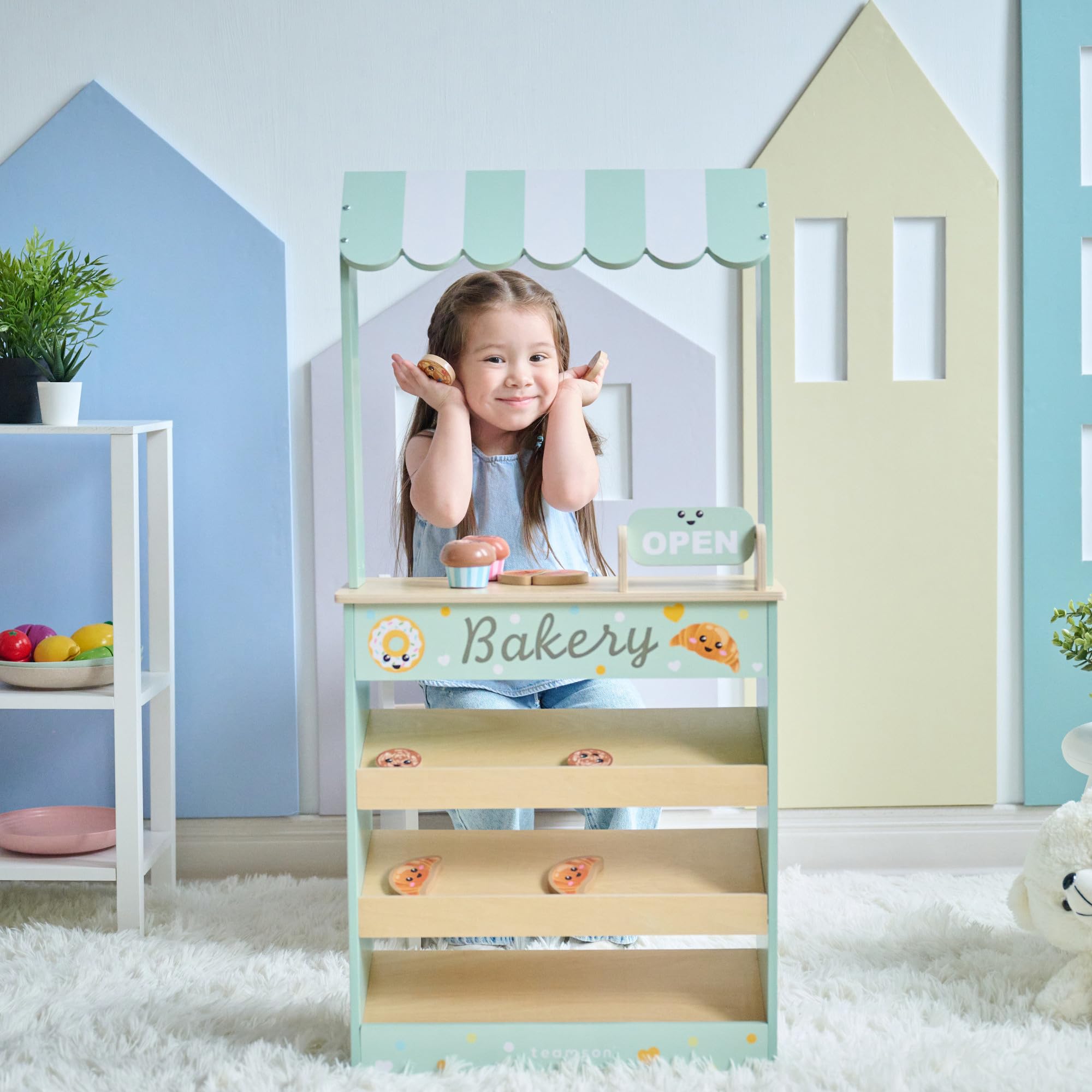 Teamson Kids Jolly Pals Kiosk drewniana piekarnia z 12 słodyczami, edukacyjna gra dla dzieci, kompaktowa podstawka do wyobraźni i towarzyskości