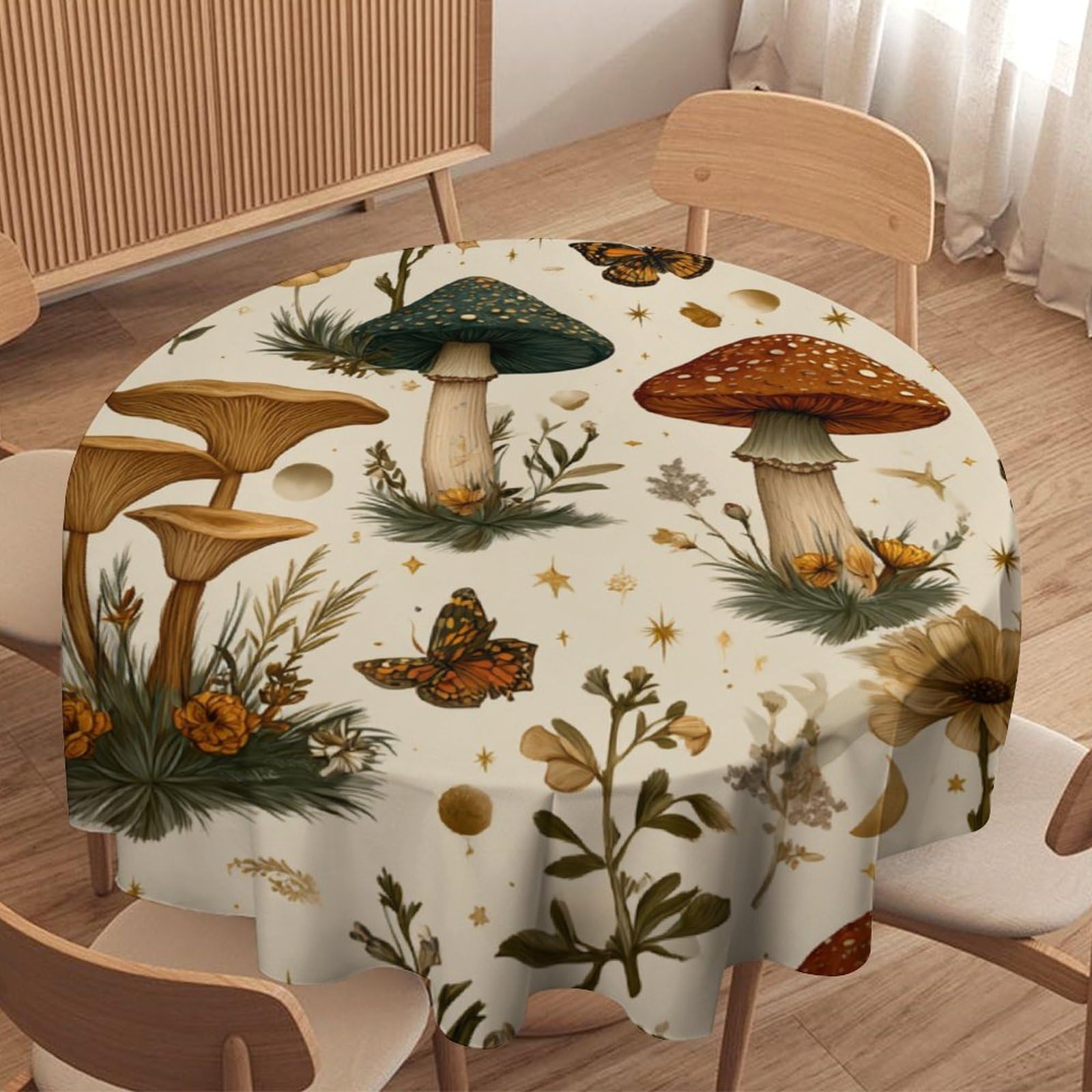 LUYYSKY Rustic Abstract Boho Mushroom Waterproof Round Tablecloth Beautiful Watercolor Plant Flowers Animal Butterflies Print Washable Table Cover for Kitchen-177.8" Wx177.8 L cm