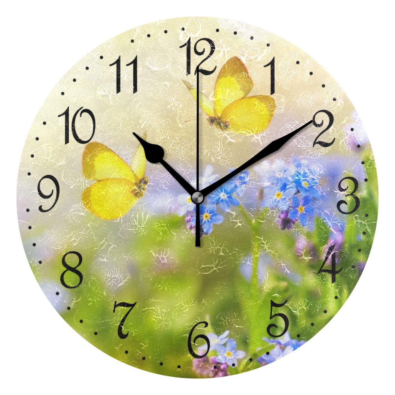 Mnsruu Wall Clock Yellow Butterfly Blue Flowers Silent Non-Ticking Decorative Wall Clocks Battery Operated 25x25cm for Home Living Room Kitchen Bathroom Bedroom