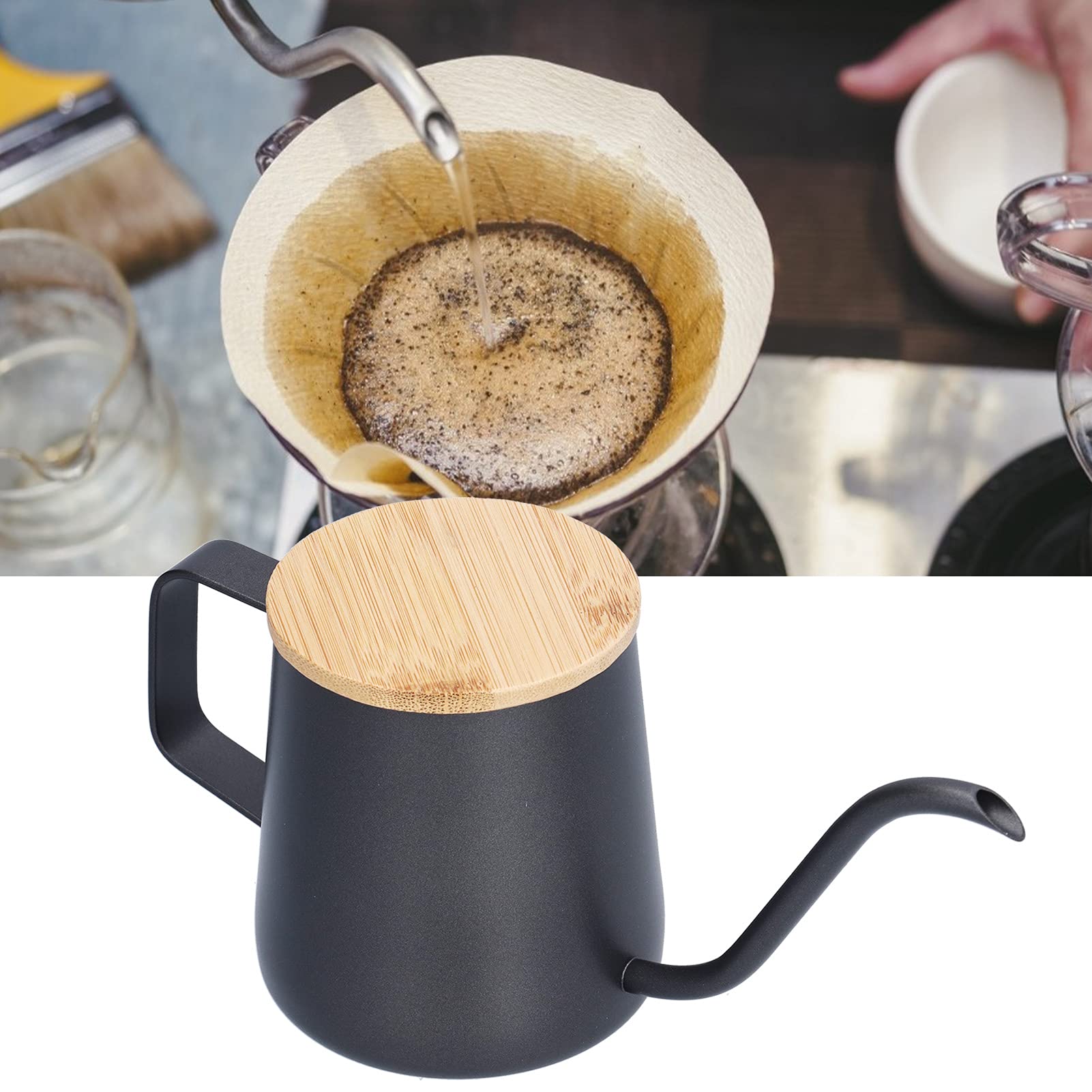 Pour Over Coffee Kettle Mini 12oz 350ml Black Gooseneck Kettle with Bamboo Lid Long Narrow Spout Manual Coffee Making Pot Stainless Steel Coffee Maker Tea Pot