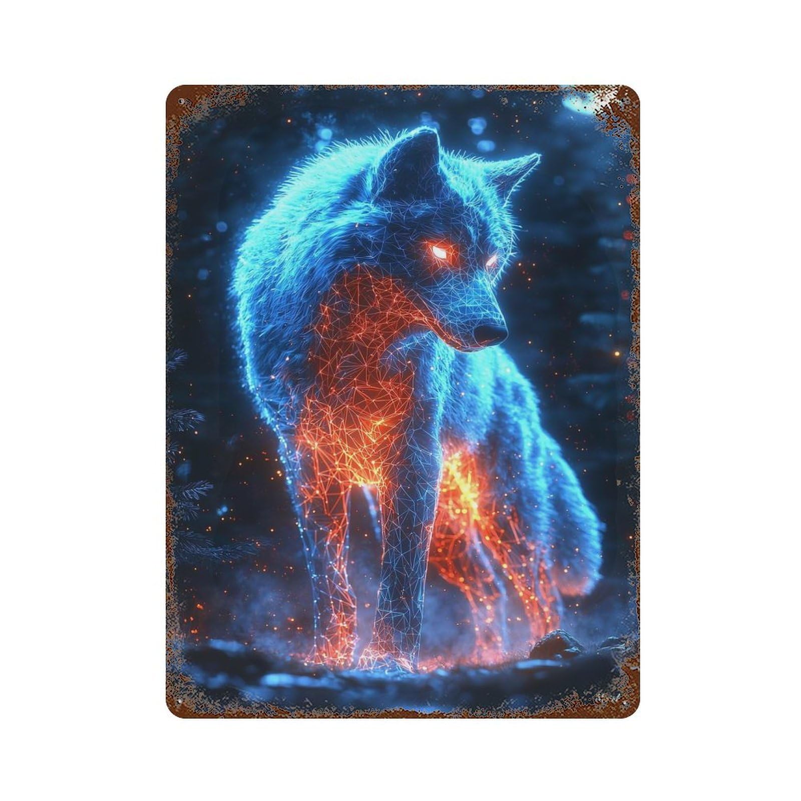 Neon Wolf - Futuristic Glowing Digital Animal Art 15.7"x11.8" Retro Metal Sign, Industrial Home Decor for Office, Studio And Wall Decor