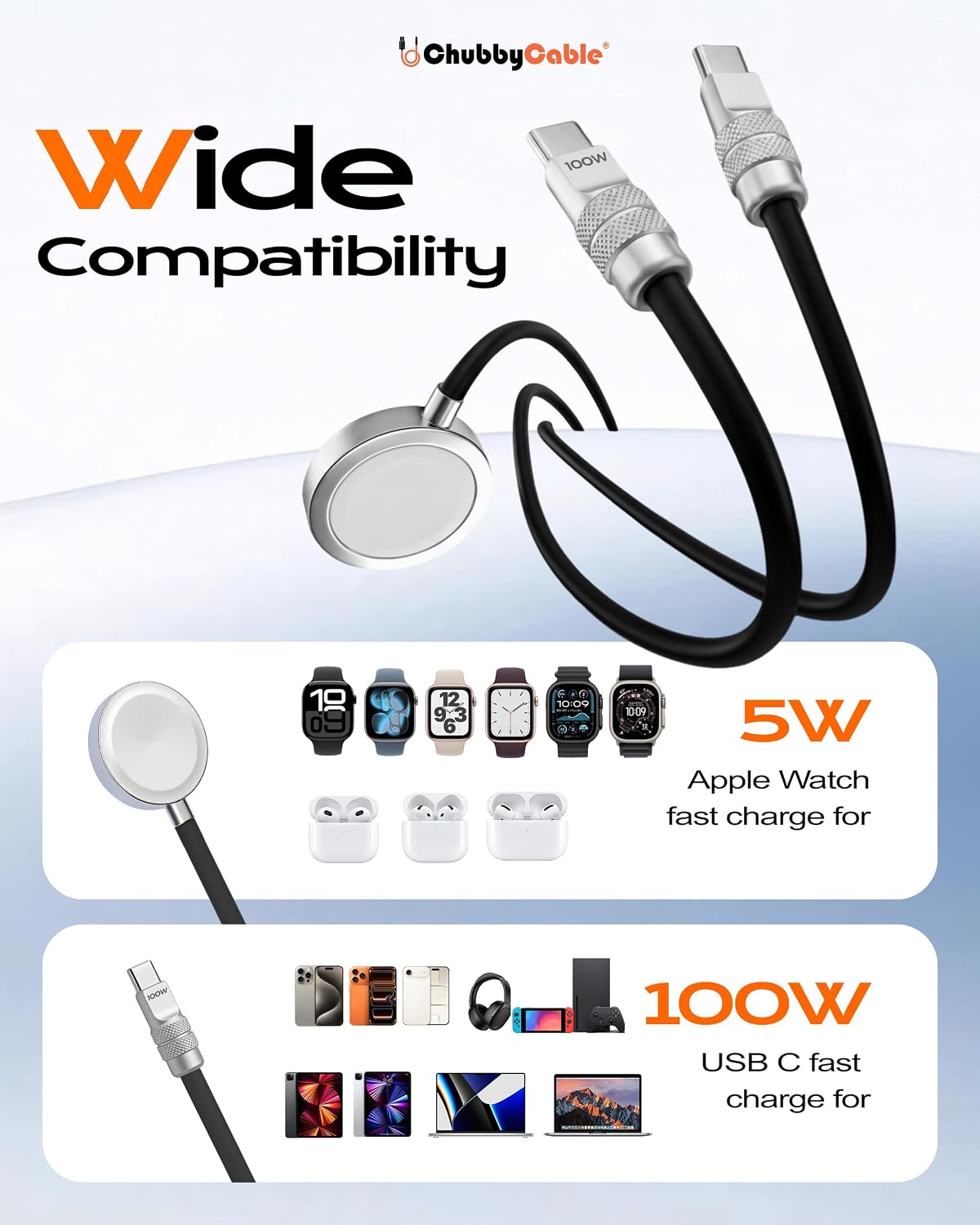 chubbycable Duo-Core Flex 2-in-1 USB C Cable 100W Fast Charging 5W [40Mins 80%] Magnetic Apple Watch Charger 4FT Soft Silicone Compatible with iWatch, iPhone, iPad, MacBook, AirPods, Black