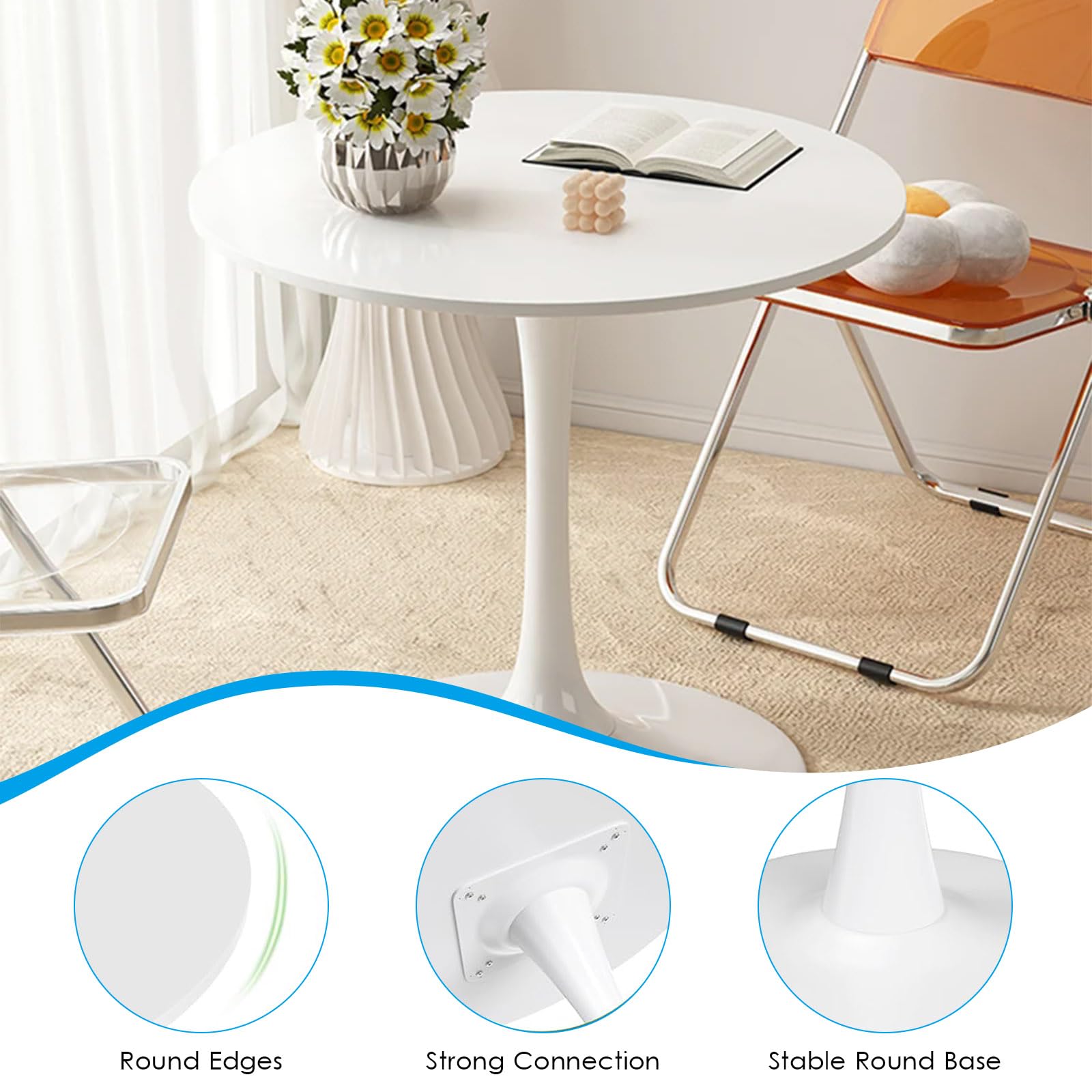 Table de salle à manger ronde moderne avec plateau rond et socle sur pied 80 cm, table de cuisine tulipe pour salle à manger Blanc