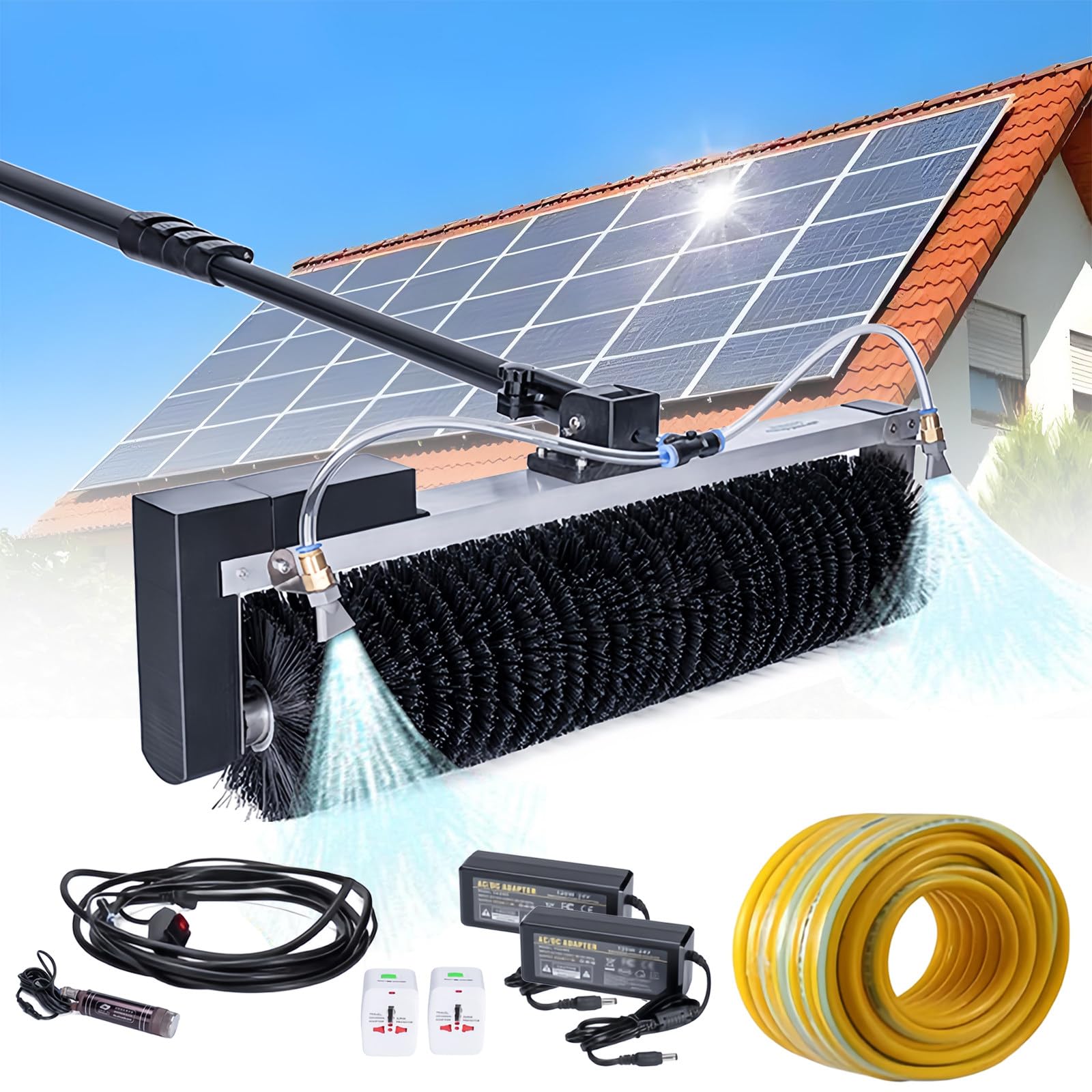 AYCDL Telescopic Solar Panel Cleaning Brush, 18ft Pole with 360° Automatic Rotation, Handheld Electric Water Fed Kit for Photovoltaic Panels, RV, Glass, Store Signs,7.5m/25ft