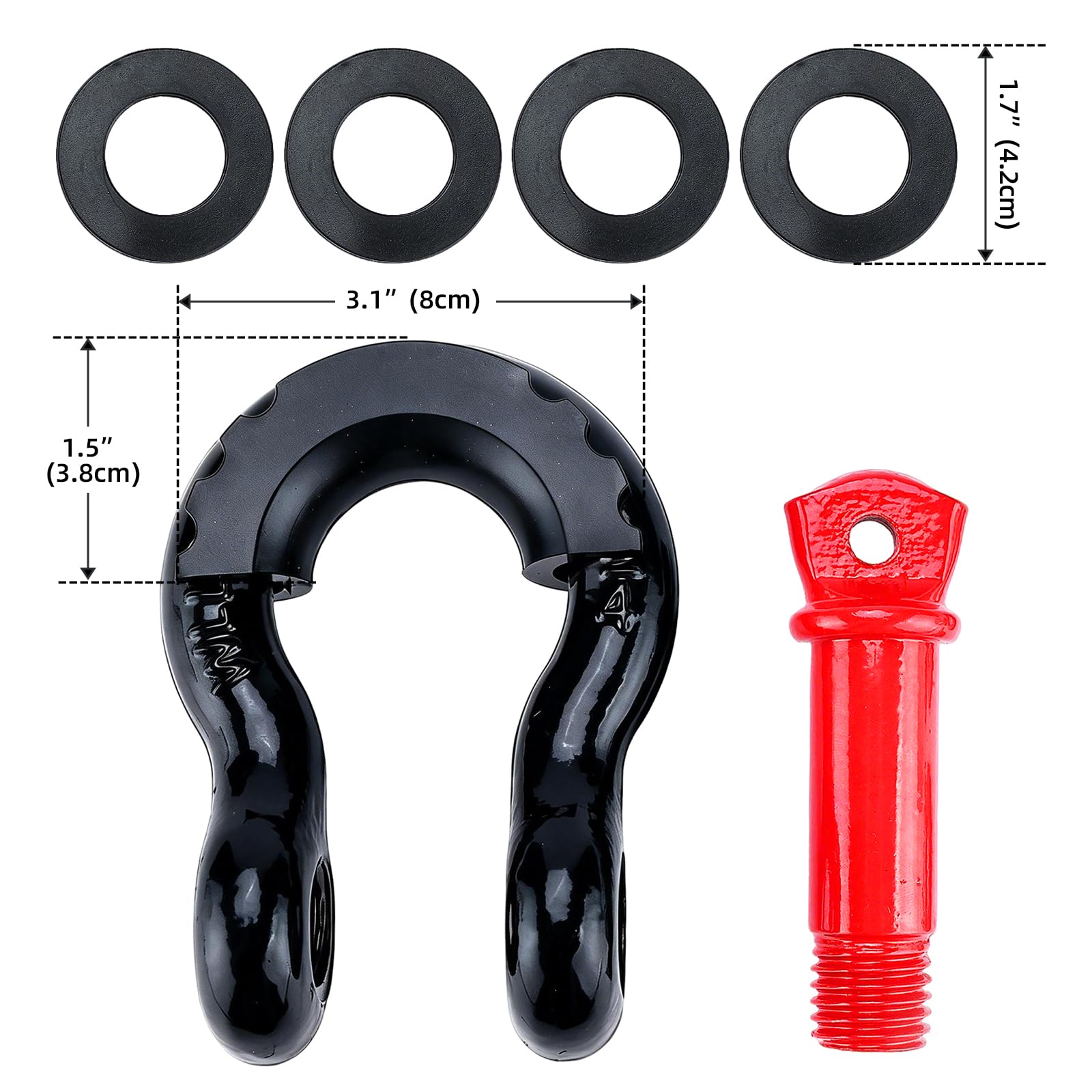 FreeTec 4 Pièces Manille 4x4, 4,75 Tonnes Manille de Levage, 3/4" Manilles de Remorquage 4x4, Manilles Acier Galvanisé de Traction de Remorque pour Jeep Voiture Camion (Noire et Rouge)