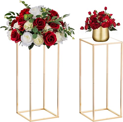 Nuptio Centros de mesa de boda Jarrones dorados 2 piezas de 23 pulgadas de alto soporte de flores de metal jarrón de piso de columna geométrico