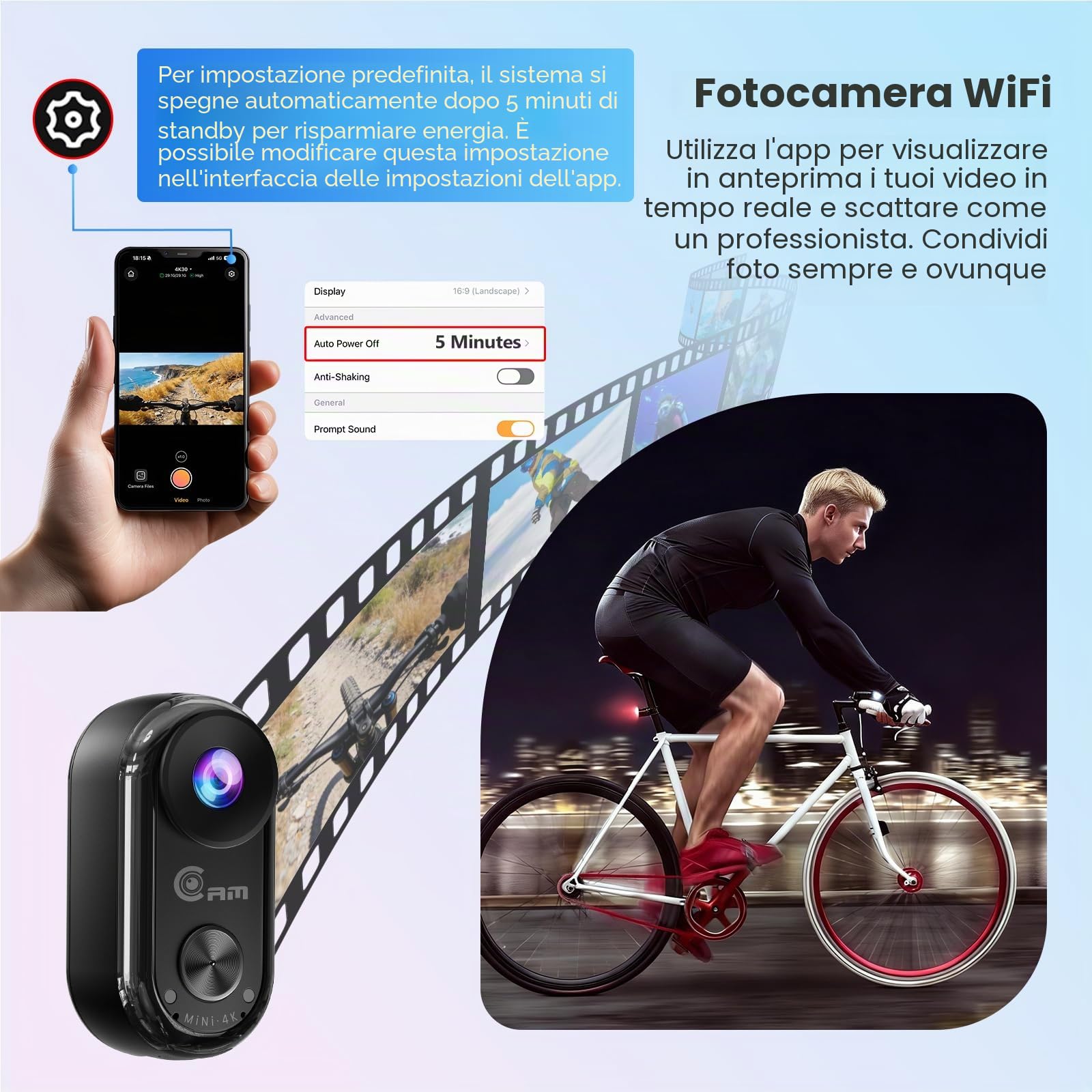 Mini Action Cam 4K,20 MP Portatile Body Camera,6 Assi Stabilizzata POV Camera,Macchina Fotocamera Subacquea 40M,WiFi Mini Videocamera Magnetica (64 GB e Accessori di Montaggio)