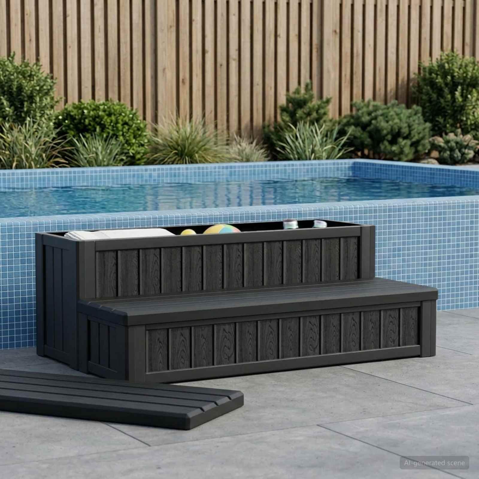 vidaXL Badewannenleiter mit Aufbewahrungsfach 2 Stufen schwarz 93 x 57 x 35 cm PP, moderner rechteckiger Spa Hocker, witterungsbeständig, UV-beständig, tragbar
