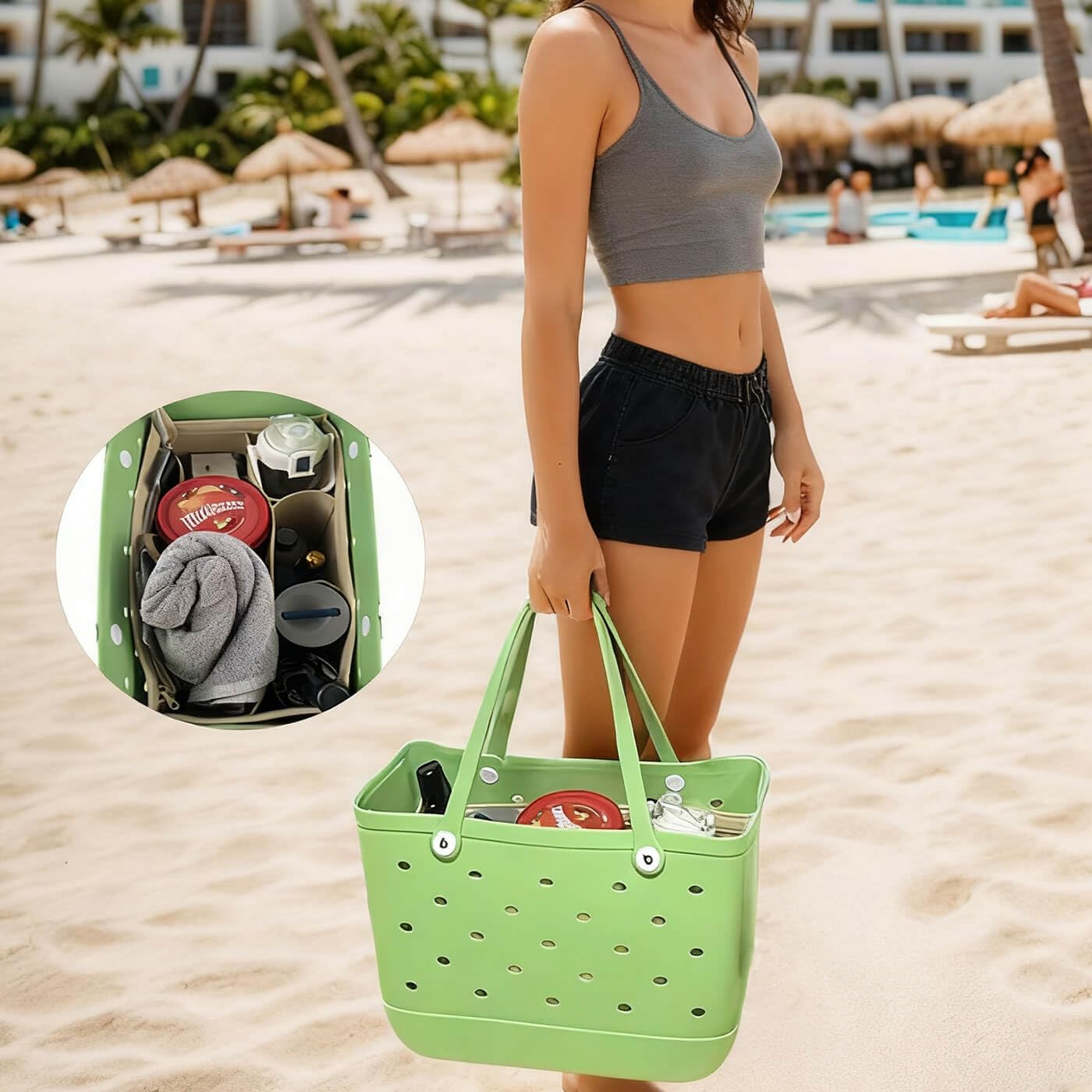 Rubber Beach Bag Organizer Liner for X-Large Bogg Bag/Simply Southern, Felt Insert Divider with Zippered Storage for Bogg Bag Accessories (Large Black)