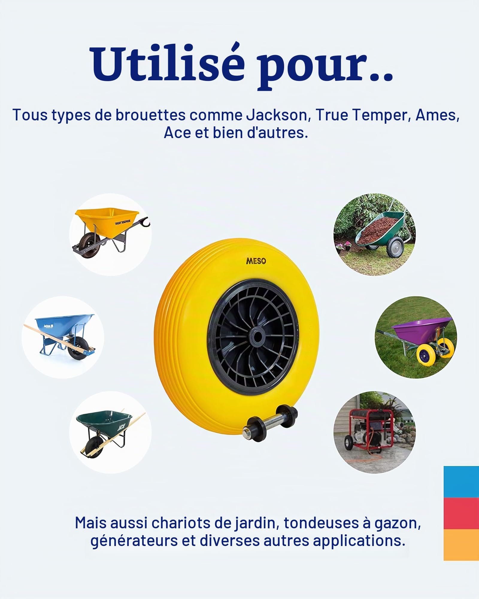 MESO® Roue de brouette 4.80 4.00-8 Ø 400 mm avec axe-Caoutchouc plein,roue de brouette increvable PU-Chariot de jardin-Roue rechange avec pneu caoutchouc plein et jante plastique-Capacité charge 200kg