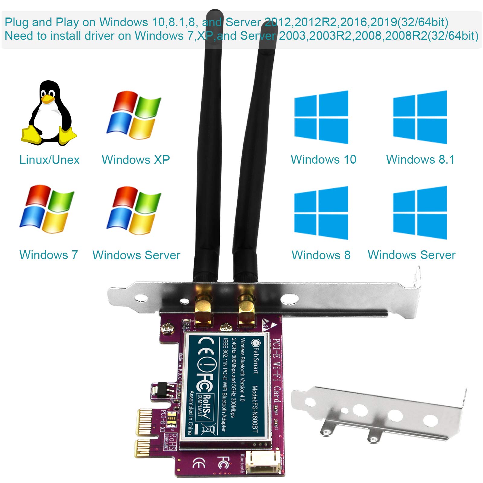 Febsmart Wireless Dual Band N600 Pcie Wi Fi Adapter With Bluetooth 4 0 For Windows Xp 7 8 8 1 10 And Windows Server 32 64bit Desktop Pcs 2 4ghz 300mbps Or 5ghz 300mbps Pcie Wi Fi Card Fs N600bt Amazon Sg Electronics