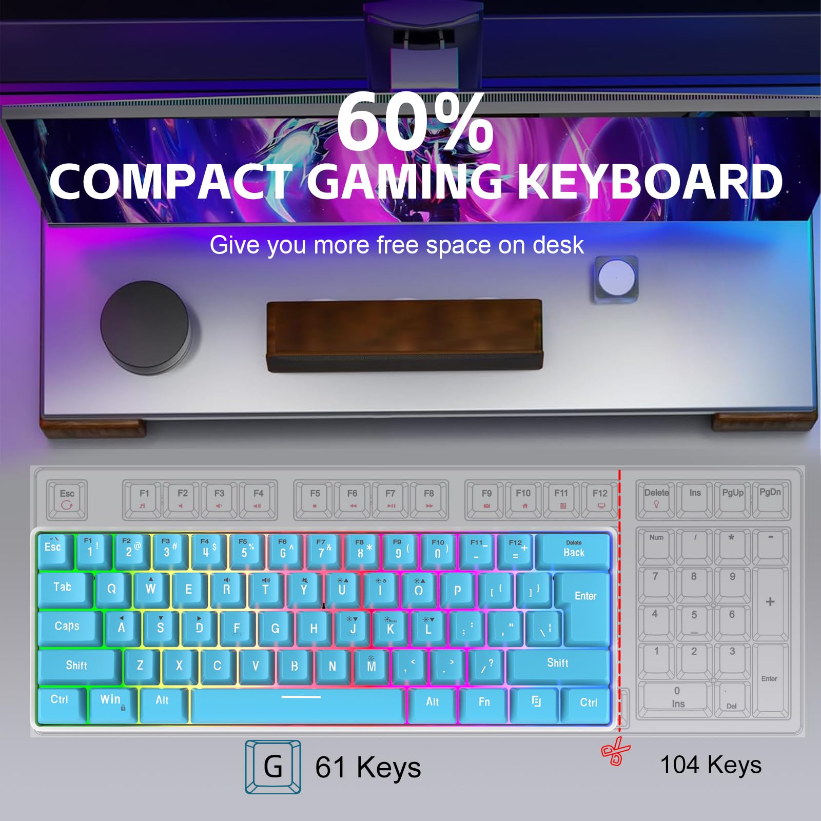 Snpurdiri 60% Wired Gaming Keyboard, 61 Keys RGB (Blue) view 2