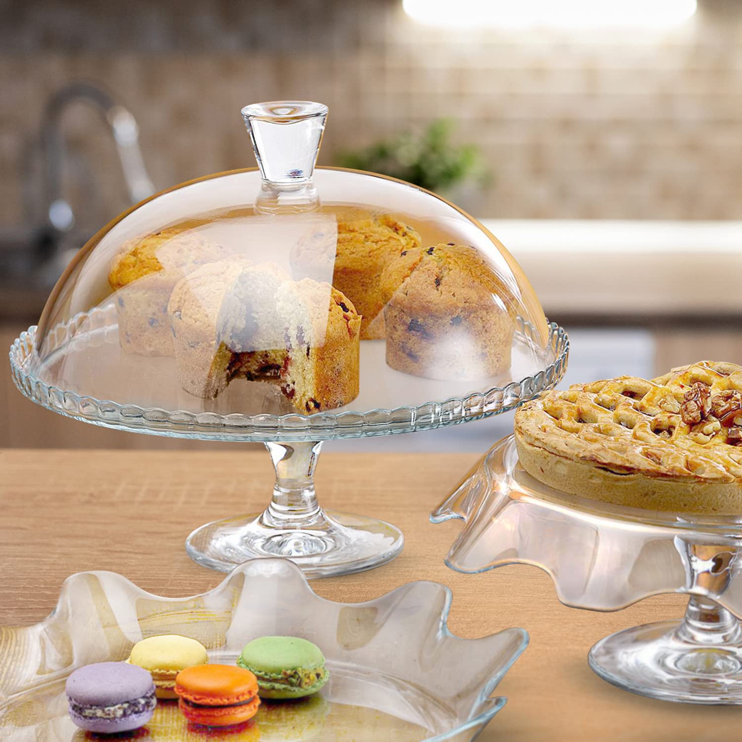 Yardwe 2 Alzate Per Torta In Legno Con Coperchio A Cupola In Vetro - Vassoi Per Cupcake E Dessert - 6