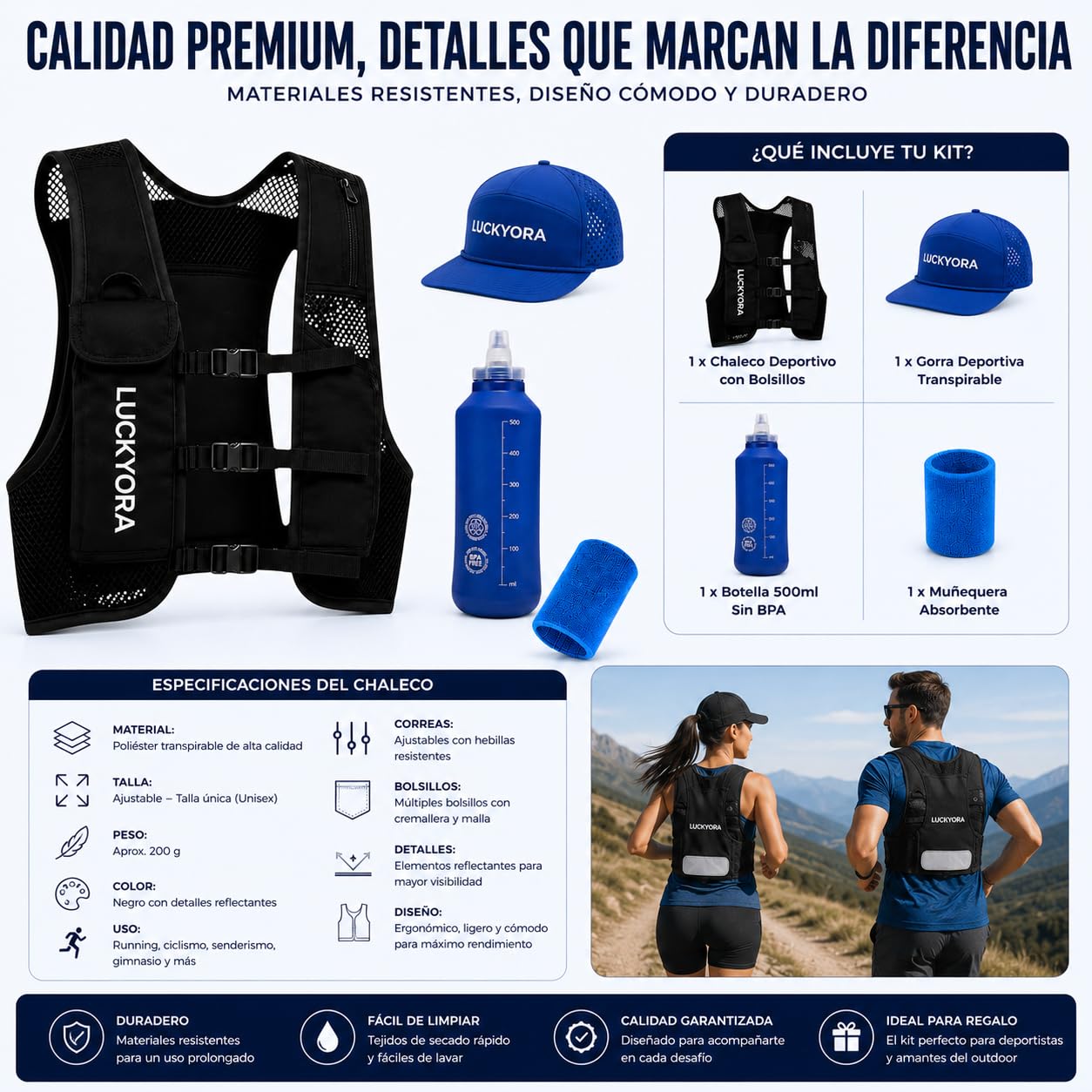 Gilet de course pour homme et femme - Sac à dos d'hydratation avec Soft Flask 500 ml, casquette et poignet - Gilet léger respirant pour course