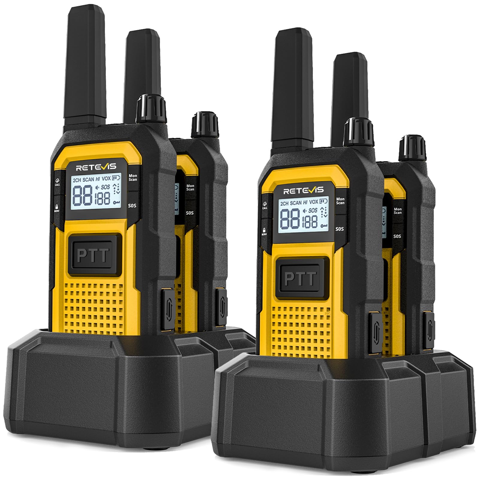 Retevis RB48 Military-Standard &amp; IP67 Waterproof Walkie Talkies Long Range | Heavy Duty FRS Two Way Radio for Construction, Large Front PTT &amp; Dual PTT, Vibration Alert, NOAA, Floating, SOS (4 Pack)