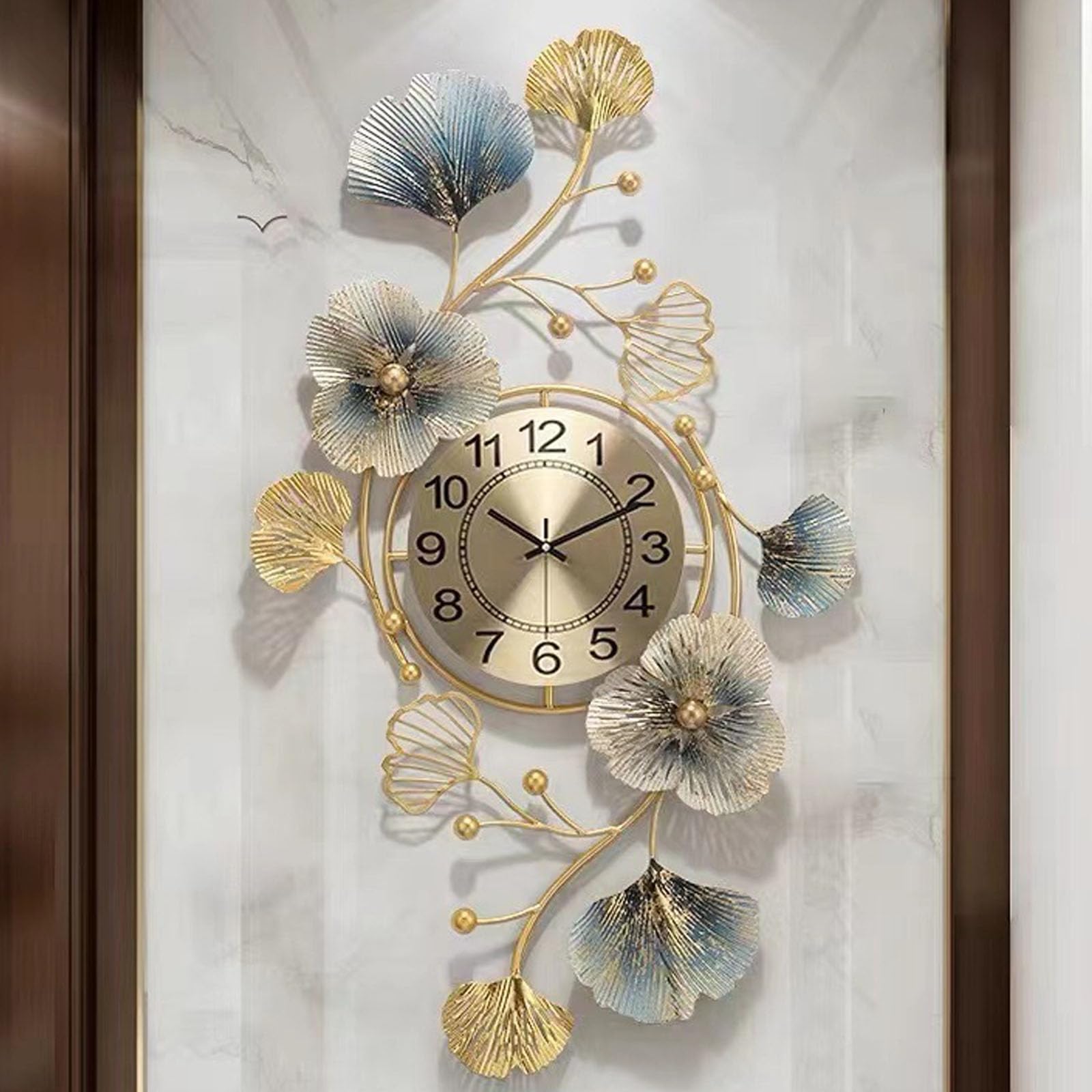 Reloj de Pared Grande Decoración Moderna,Reloj Hoja de Ginkgo Digital,Relojes de Pared Metálicos con Arte de Hoja de Ginkgo Silencioso para Salón, Dormitorio, Oficina, Hogar(Size:94x52cm,Color:B)