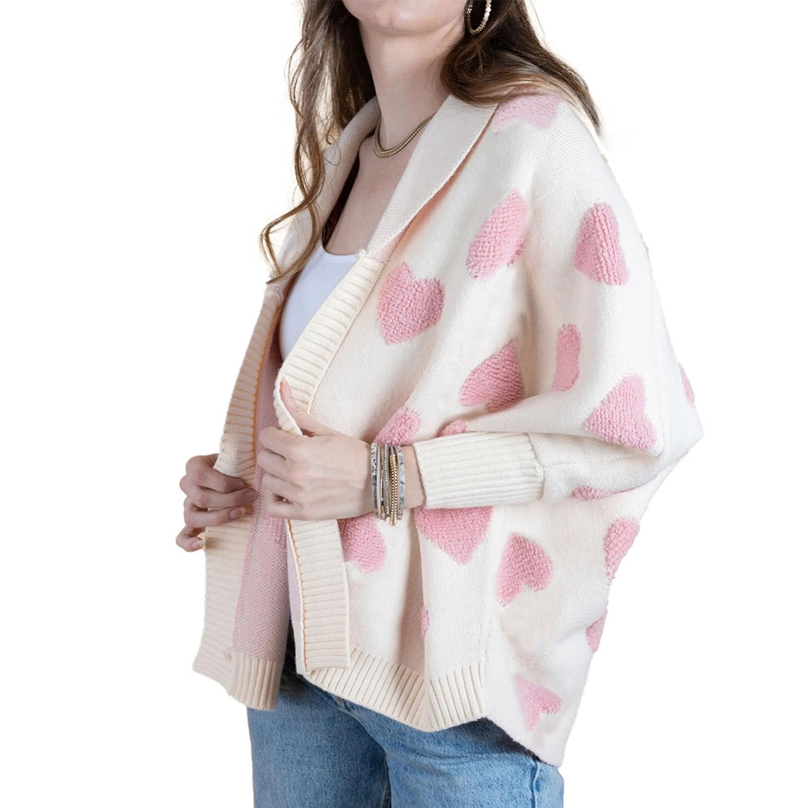 Women Heart Sweater Cardigan Shawl Collar Oversized Open Front Cardigan Valentine Knitwear Love Sweater Coat