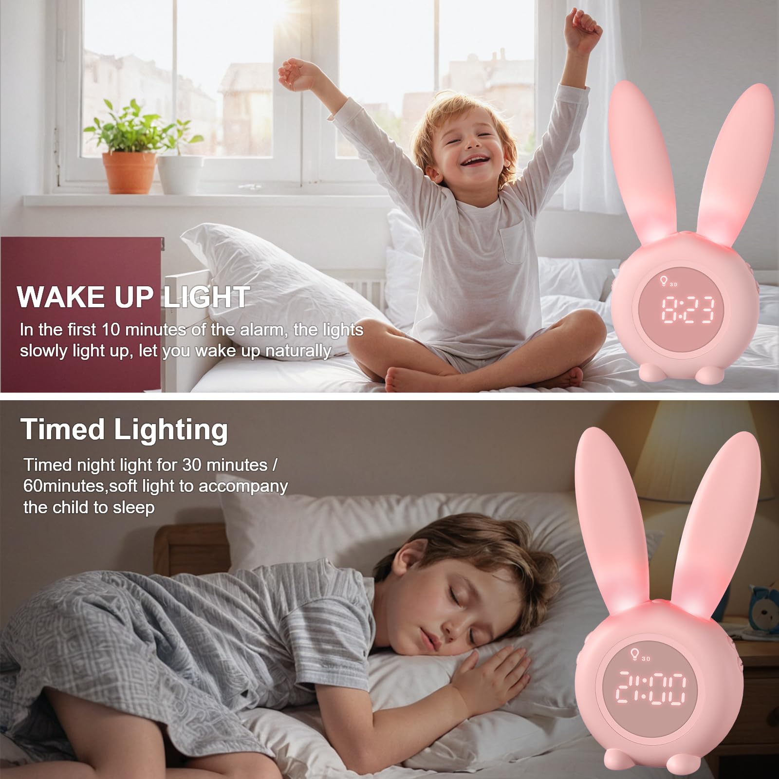 Homealexa Kinder Lichtwecker Cute Rabbit Kinderwecker Creative Nachttischlampe Snooze-Funktion, zeitgesteuertes Nachtlicht, Kindertagesgeschenk für Kinder, Mädchen (Pink)